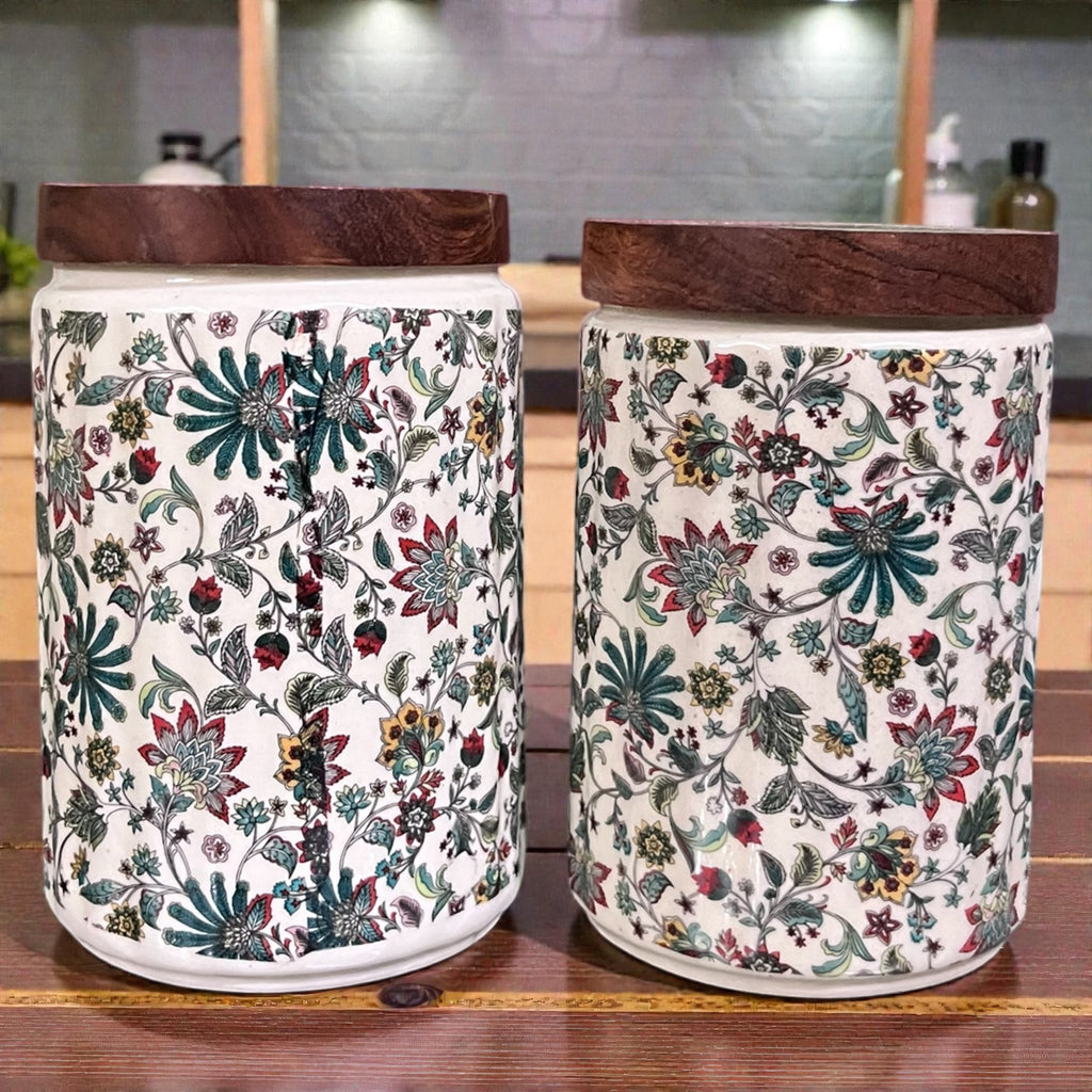 Ceramic Jars | Airtight Wooden Lid | 720ML | Set of 2 | Floral Print | Kitchen Storage