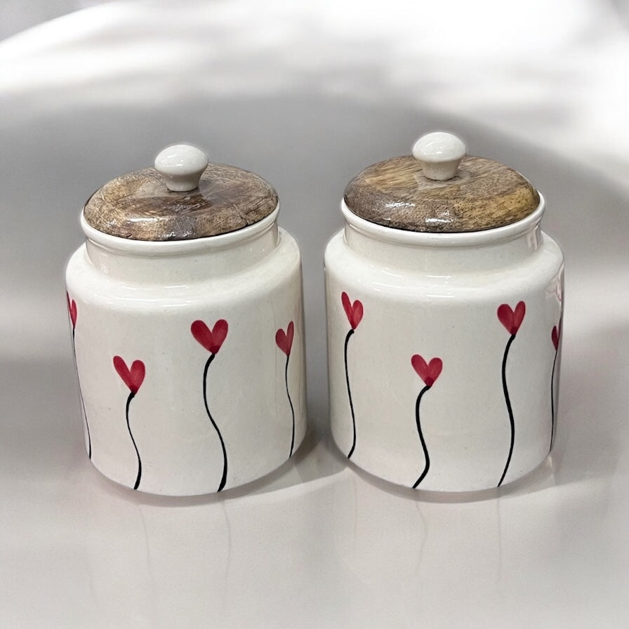 SOULCRAFTZ Handpainted Ceramic Jars with Airtight Wooden Lid | Kitchen Storage | Multipurpose Barni | Pickle jar Storage Container | Dining Table Container | 450ML | Set of 2
