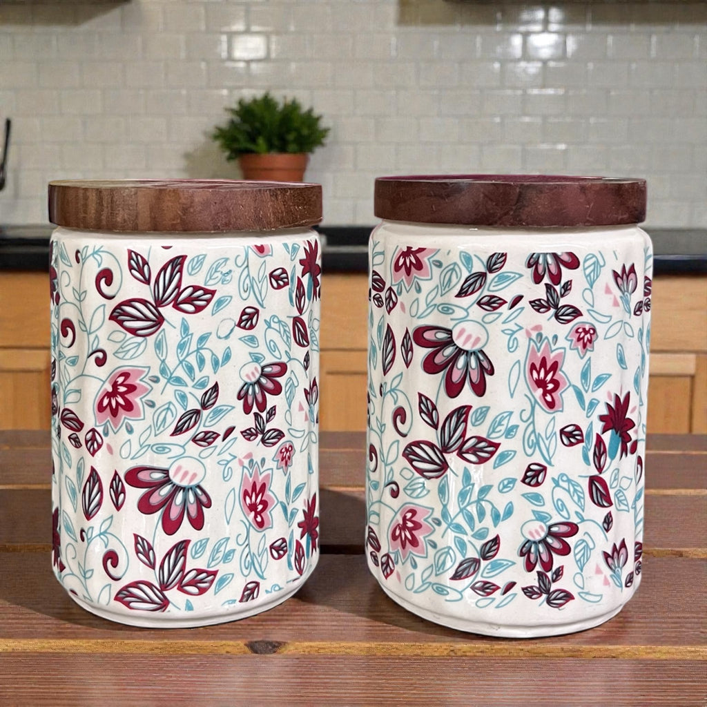 Ceramic Jars | Airtight Wooden Lid | 720ML | Set of 2 | Floral Print | Kitchen Storage