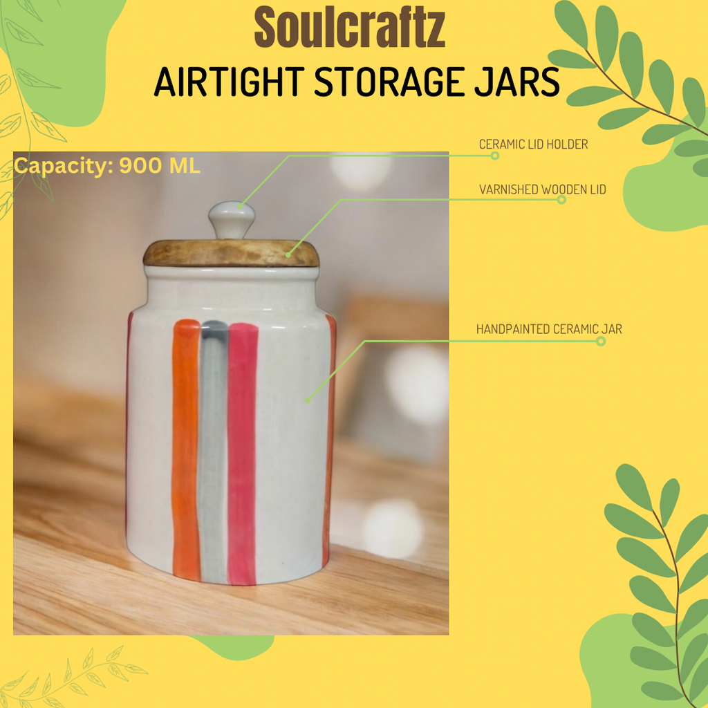 SOULCRAFTZ Handpainted Ceramic Jars with Airtight Wooden Lid | Kitchen Storage | Multipurpose Barni | Pickle jar Storage Container | Dining Table Container | 900ML | Set of 2