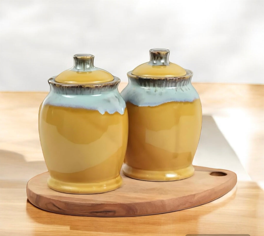 SOULCRAFTZ Exclusive Studio Pottery Ceramic Jar Barni Canister For Kitchen Storage Pickle Sugar Tea Pulses etc (1000ML, Set of 2) (Dual Glazed)