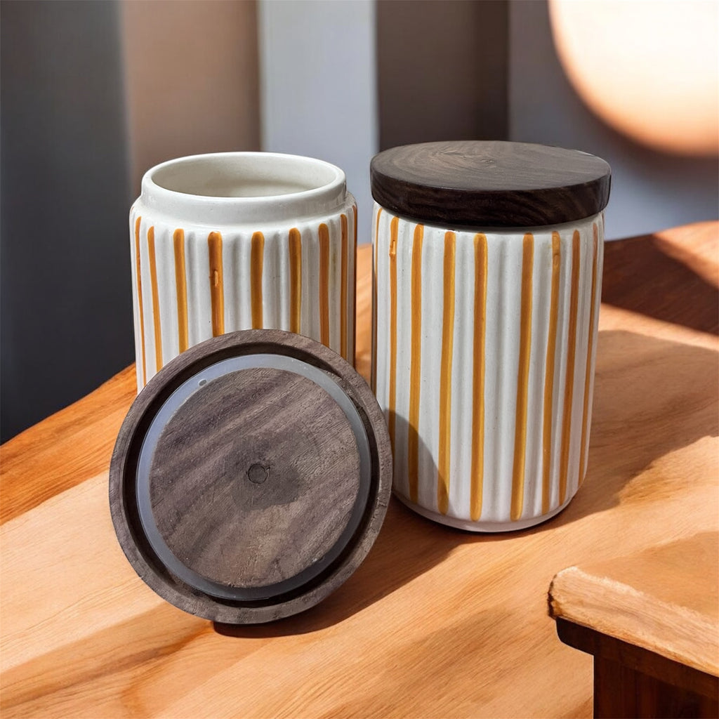 Ceramic Jars | Airtight Wooden Lid | 720ML | Set of 2 | Line Print | Kitchen Storage