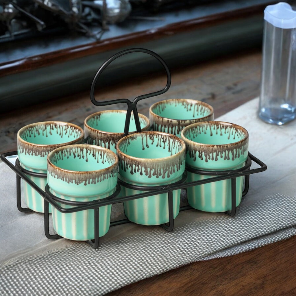 SOULCRAFTZ Dual Glazed Edition Coffee & Tea Cups With Wire Holder & Elegant Studio Pottery, Set Of 6(Multicolour, 120ml)