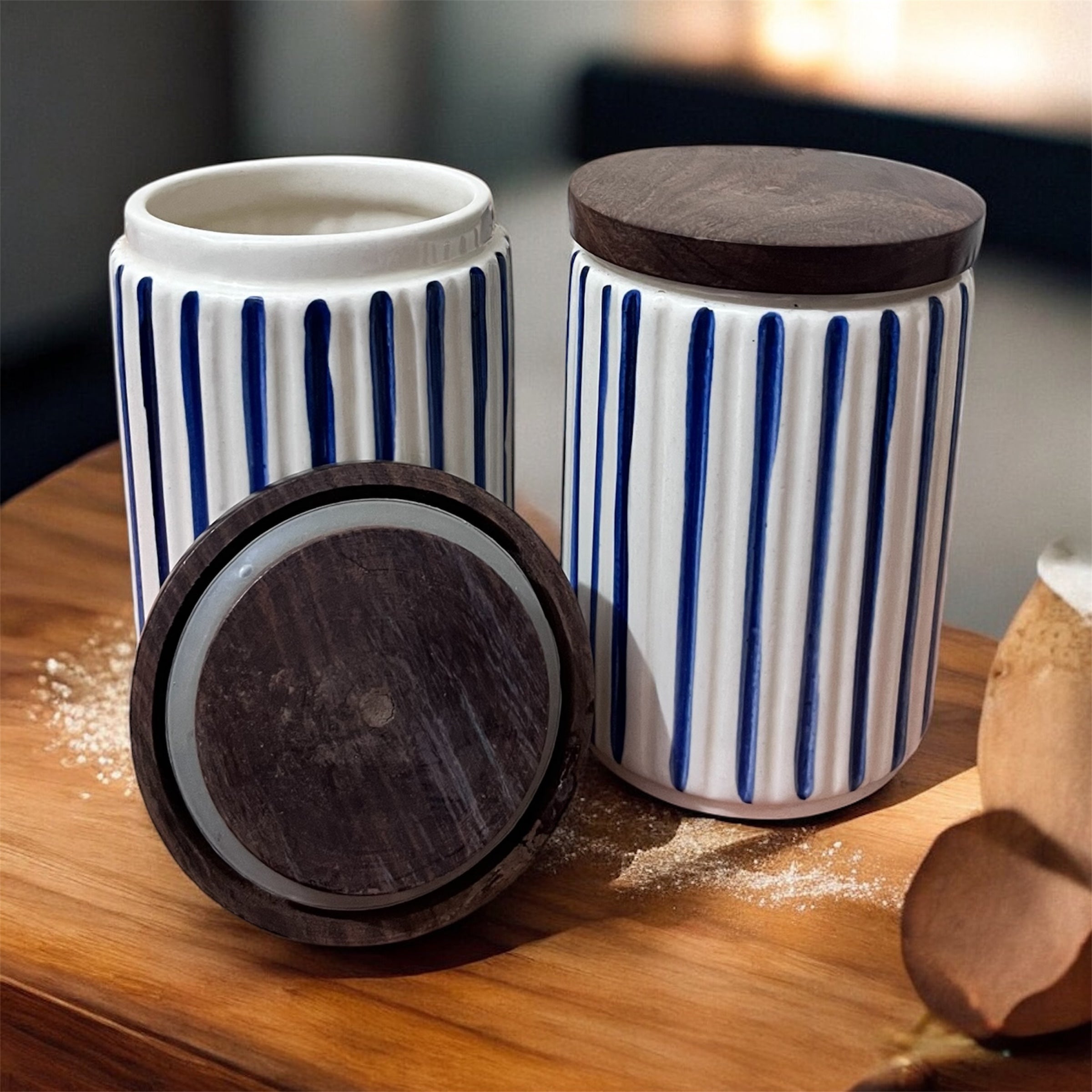Ceramic Jars | Airtight Wooden Lid | 720ML | Set of 2 | Line Print | Kitchen Storage