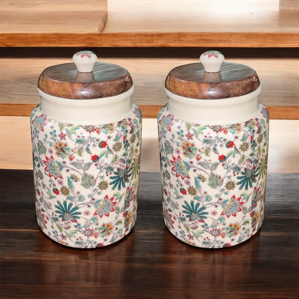 SOULCRAFTZ Handcrafted Ceramic Jars with Airtight Wooden Lid | Kitchen Storage | Multipurpose Barni | Pickle jar Storage Container | Dining Table Container | 900ML | Matte Finish | Floral Pattern| Set of 2