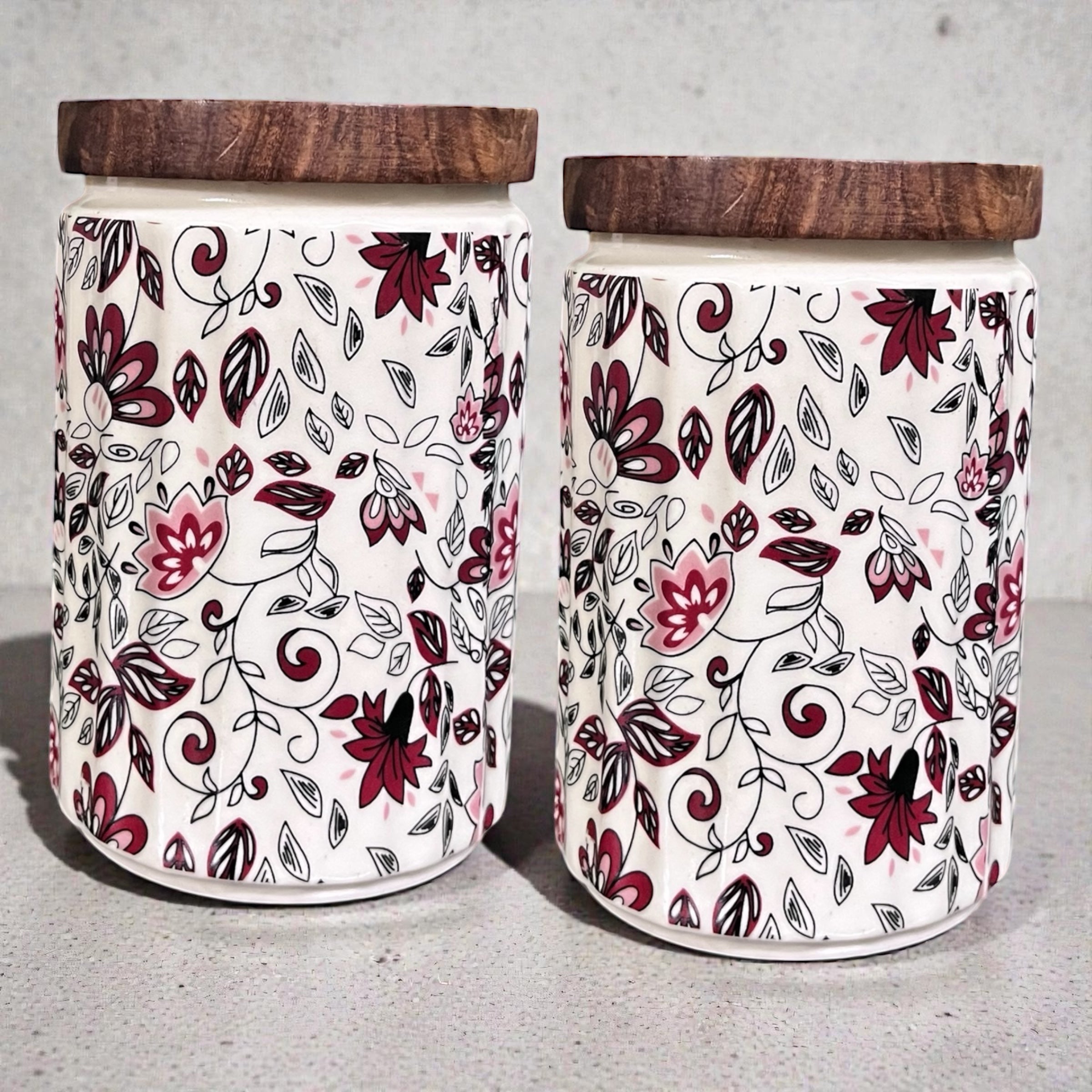 Ceramic Jars | Airtight Wooden Lid | 720ML | Set of 2 | Floral Print | Kitchen Storage