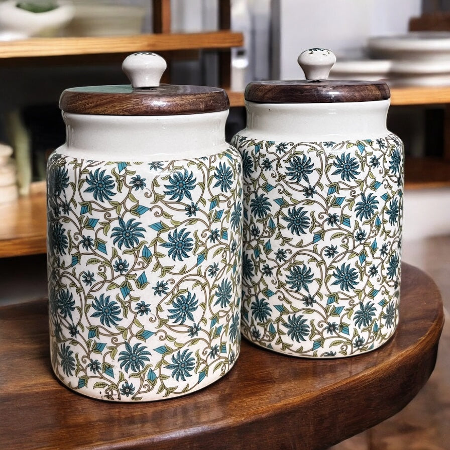 SOULCRAFTZ Handcrafted Ceramic Jars with Airtight Wooden Lid | Kitchen Storage | Multipurpose Barni | Pickle jar Storage Container | Dining Table Container | 900ML | Matte Finish | Floral Pattern| Set of 2