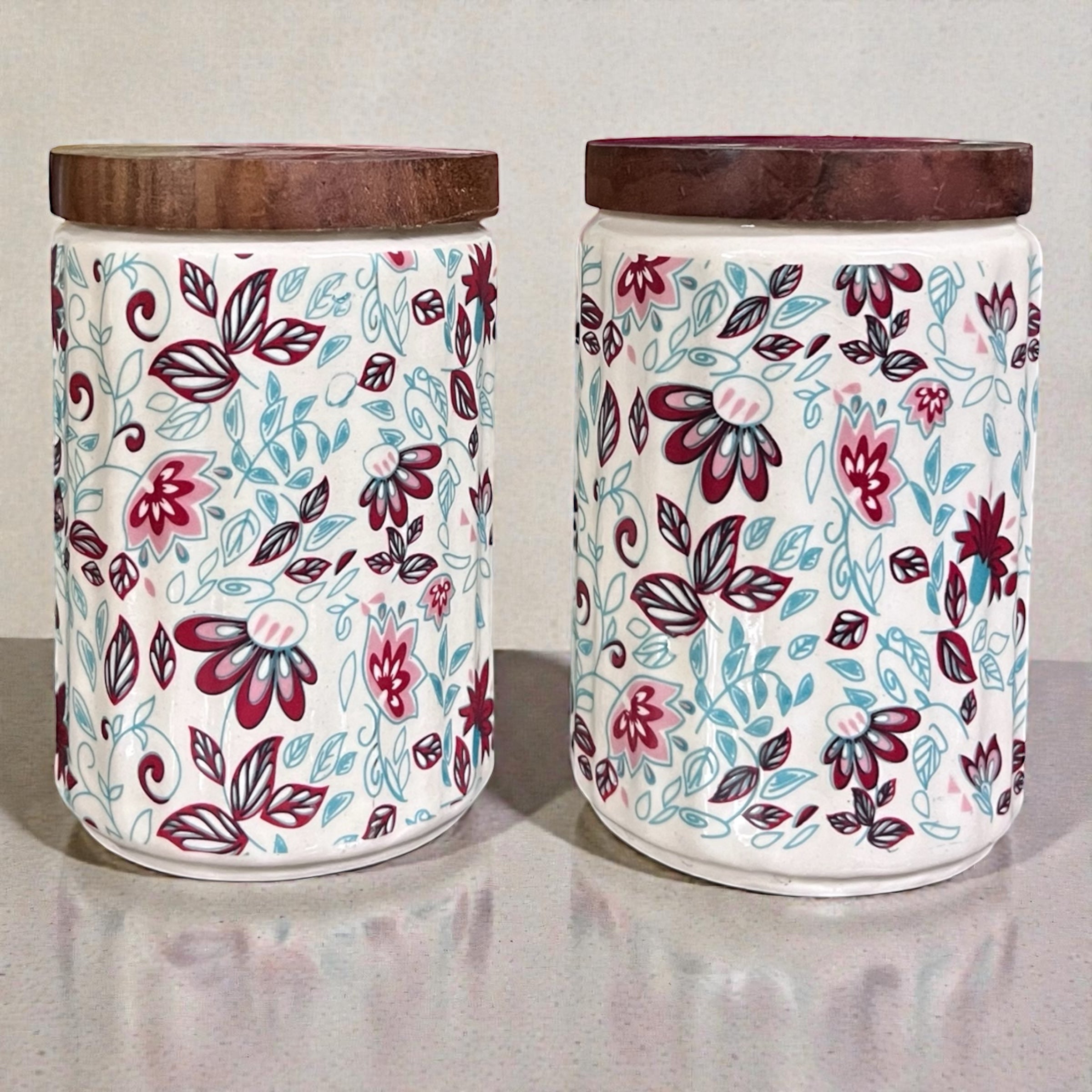 Ceramic Jars | Airtight Wooden Lid | 720ML | Set of 2 | Floral Print | Kitchen Storage