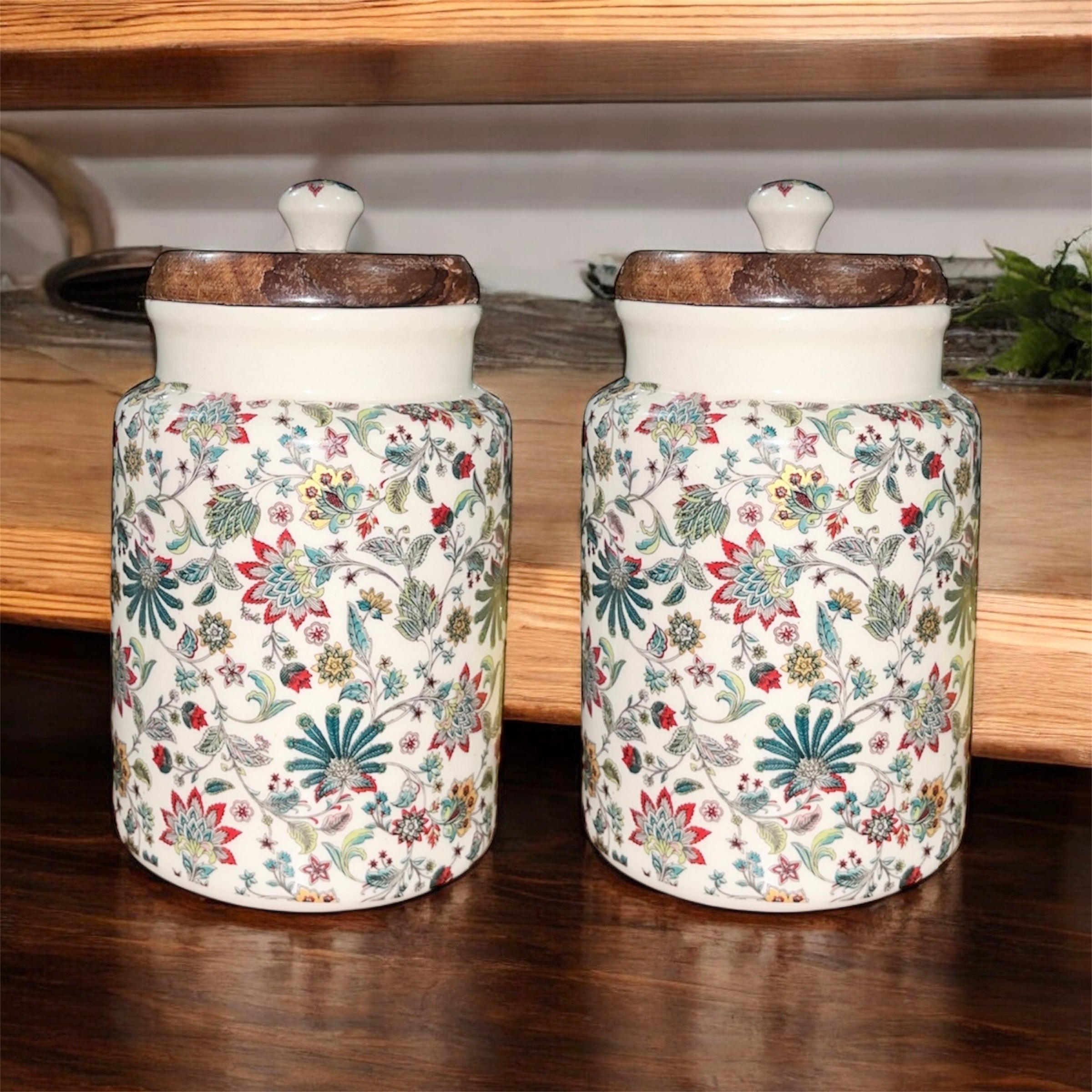 SOULCRAFTZ Handcrafted Ceramic Jars with Airtight Wooden Lid | Kitchen Storage | Multipurpose Barni | Pickle jar Storage Container | Dining Table Container | 900ML | Matte Finish | Floral Pattern| Set of 2