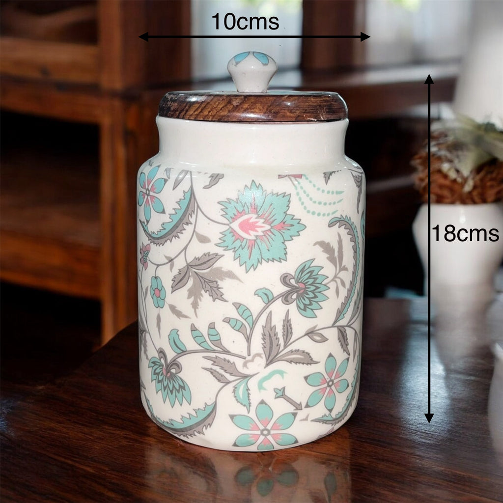 SOULCRAFTZ Handcrafted Ceramic Jars with Airtight Wooden Lid | Kitchen Storage | Multipurpose Barni | Pickle jar Storage Container | Dining Table Container | 900ML | Matte Finish | Floral Pattern| Set of 2