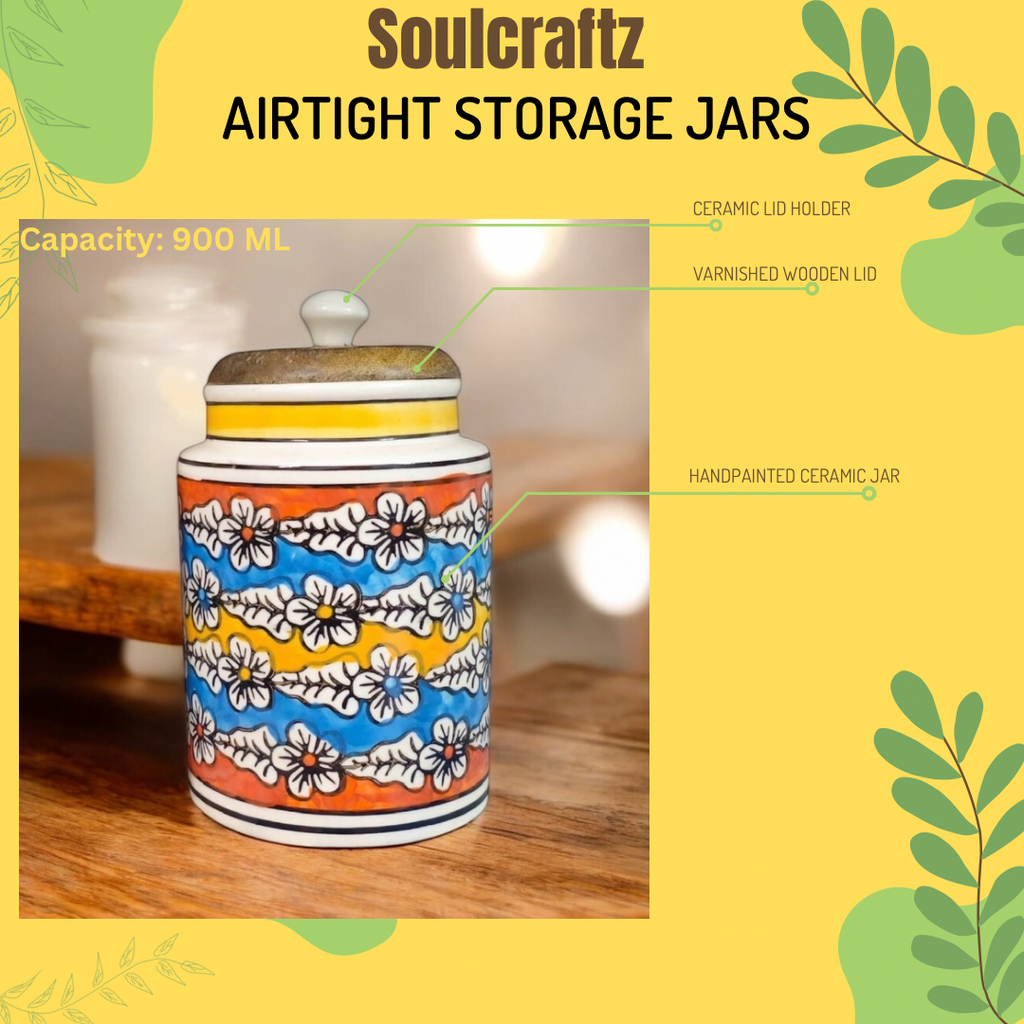 SOULCRAFTZ Handpainted Ceramic Jars with Airtight Wooden Lid | Kitchen Storage | Multipurpose Barni | Pickle jar Storage Container | Dining Table Container | 900ML | Set of 2