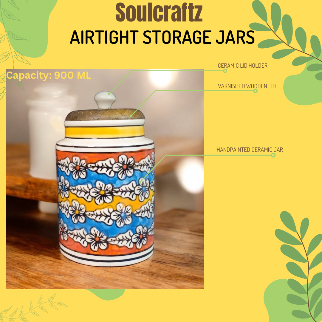 SOULCRAFTZ Handpainted Ceramic Jars with Airtight Wooden Lid | Kitchen Storage | Multipurpose Barni | Pickle jar Storage Container | Dining Table Container | 900ML | Set of 2