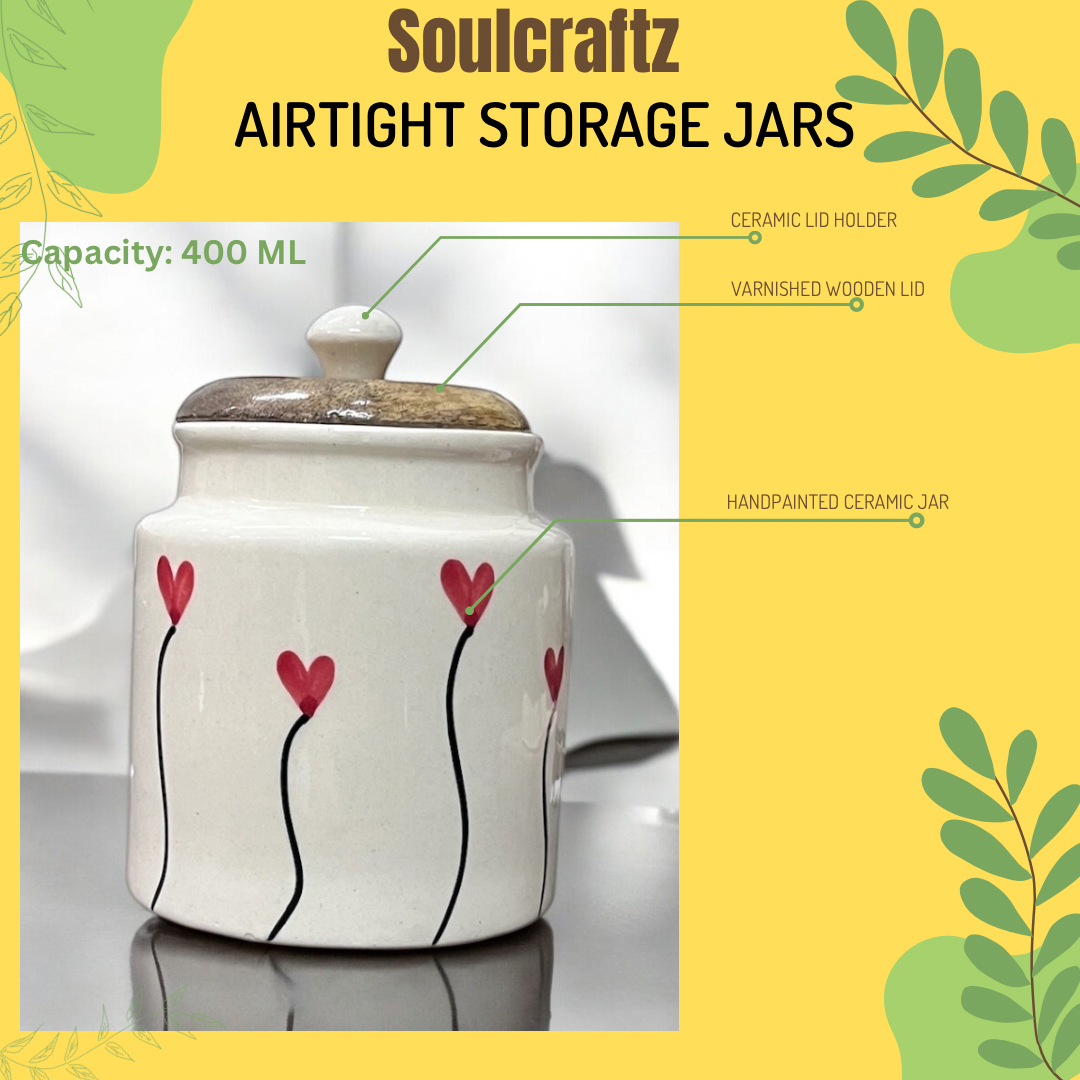 SOULCRAFTZ Handpainted Ceramic Jars with Airtight Wooden Lid | Kitchen Storage | Multipurpose Barni | Pickle jar Storage Container | Dining Table Container | 450ML | Set of 2
