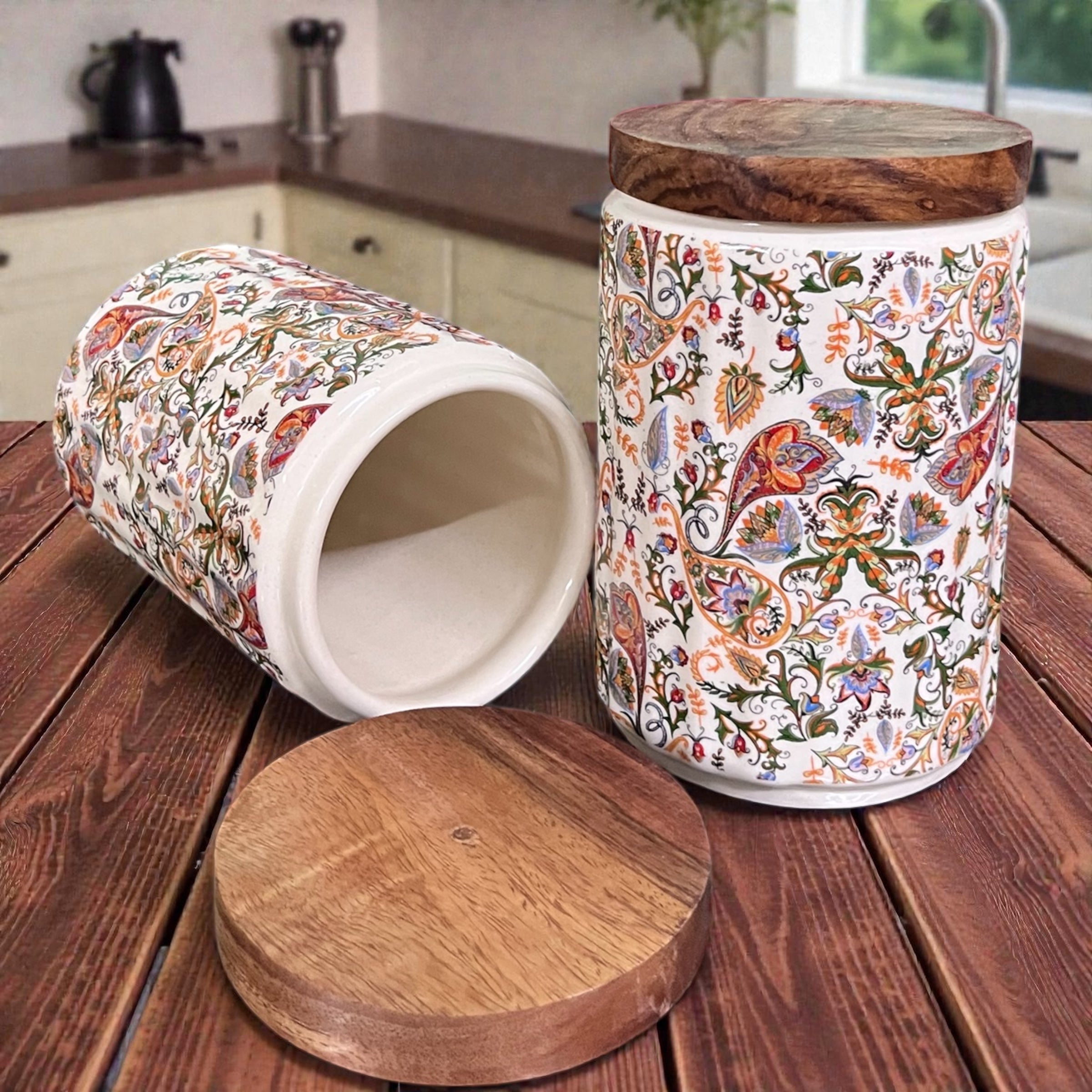 Ceramic Jars | Airtight Wooden Lid | 720ML | Set of 2 | Floral Print | Kitchen Storage