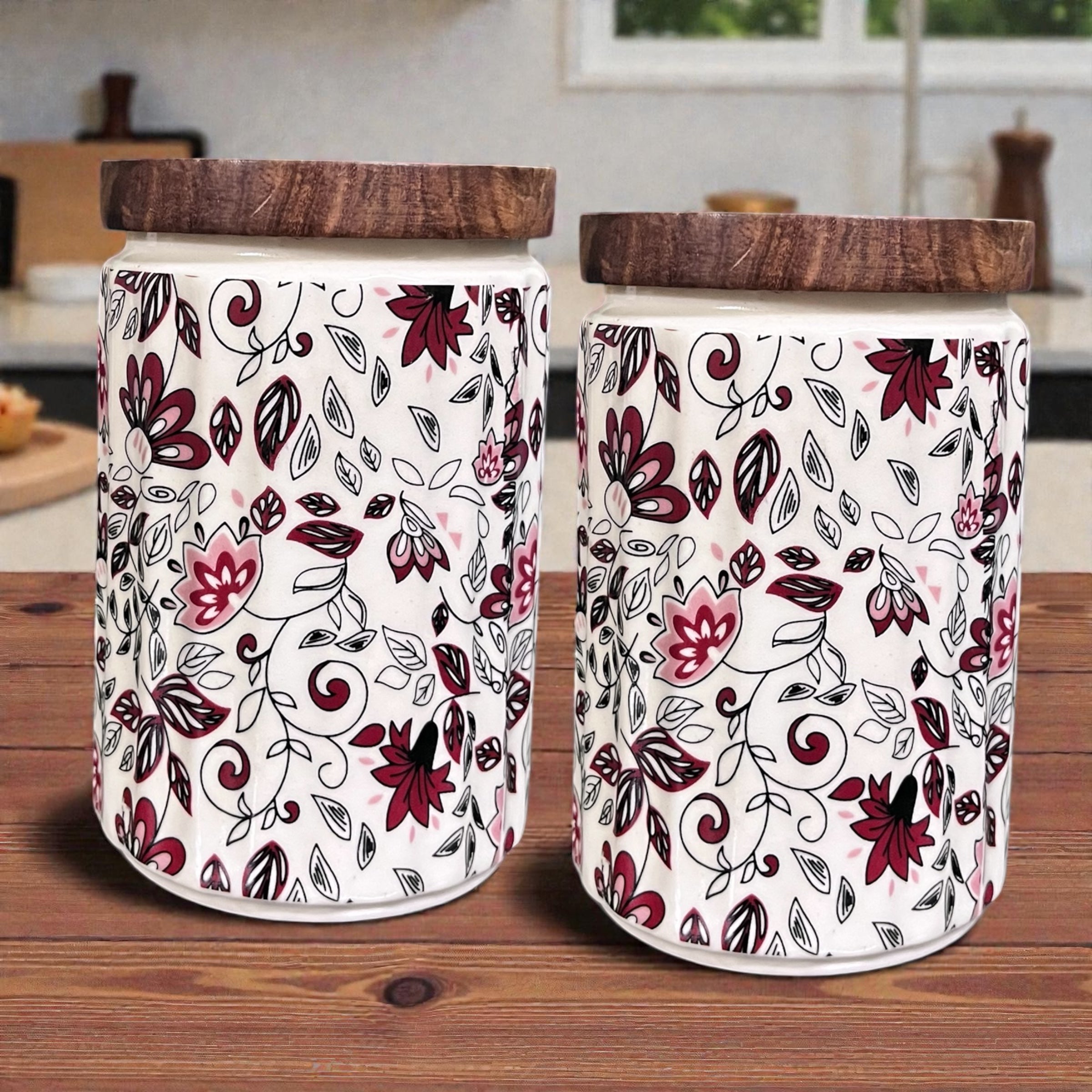 Ceramic Jars | Airtight Wooden Lid | 720ML | Set of 2 | Floral Print | Kitchen Storage