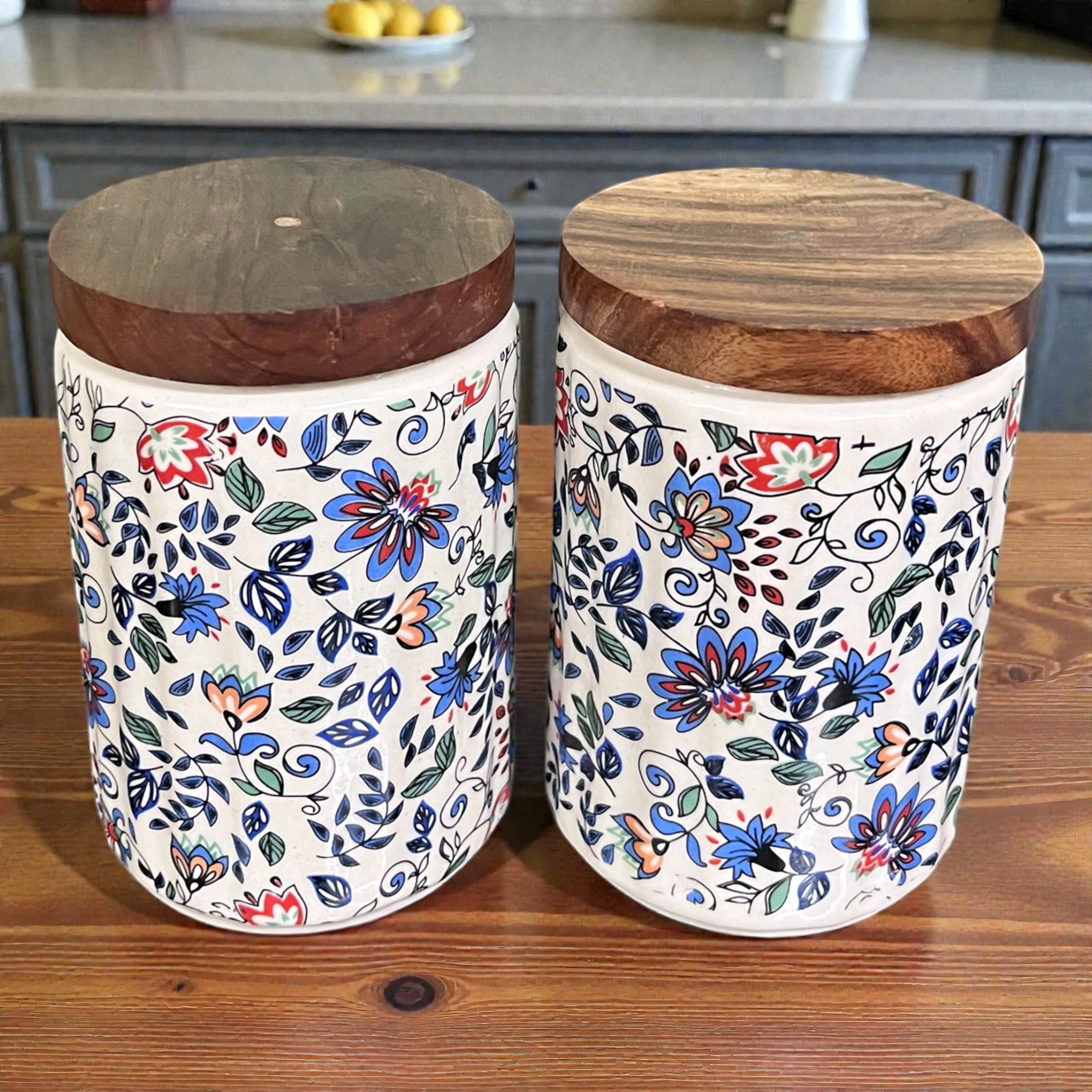 Ceramic Jars | Airtight Wooden Lid | 720ML | Set of 2 | Floral Print | Kitchen Storage