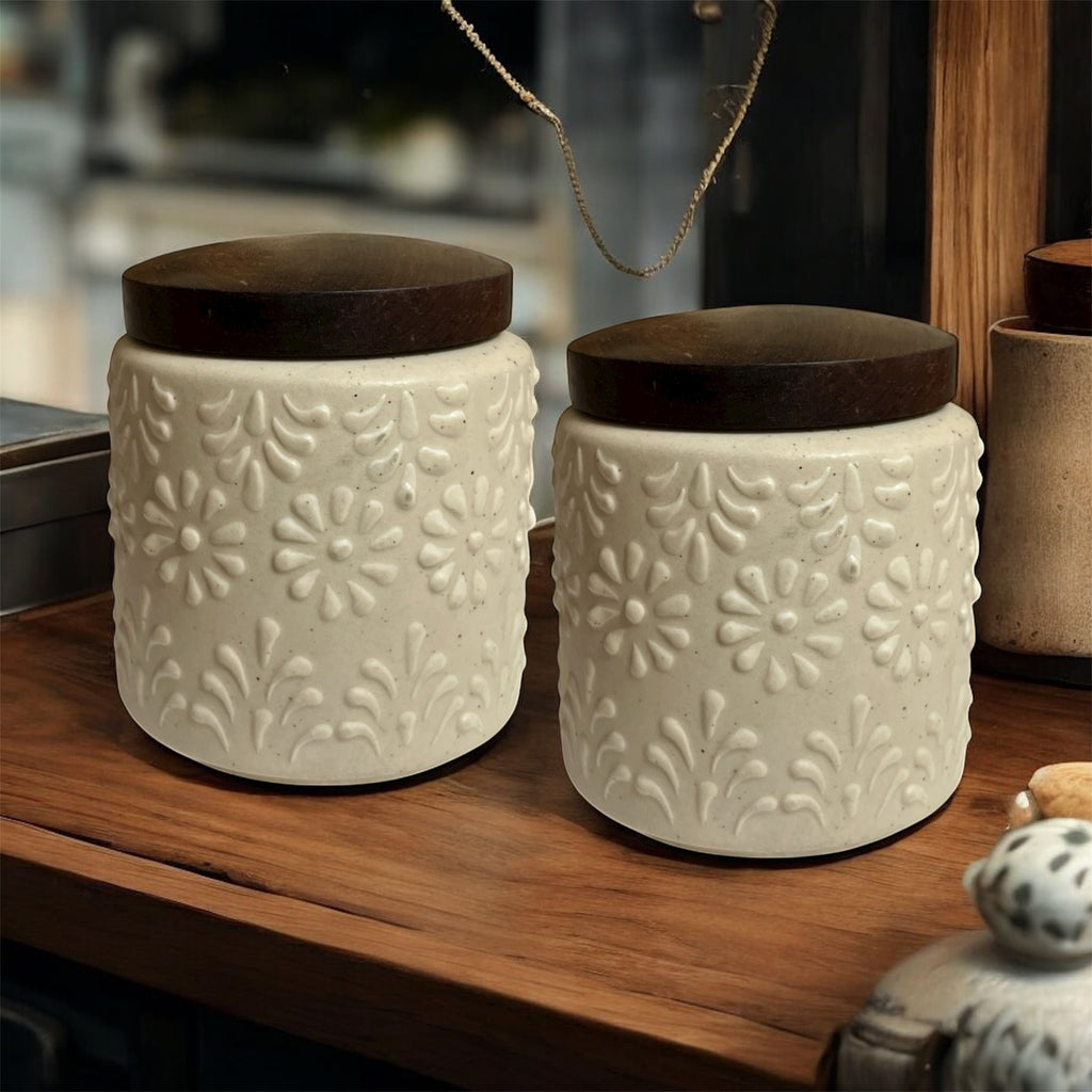 Ceramic Jars | Airtight Wooden Lid | 400ML | Set of 2 | Kitchen Storage