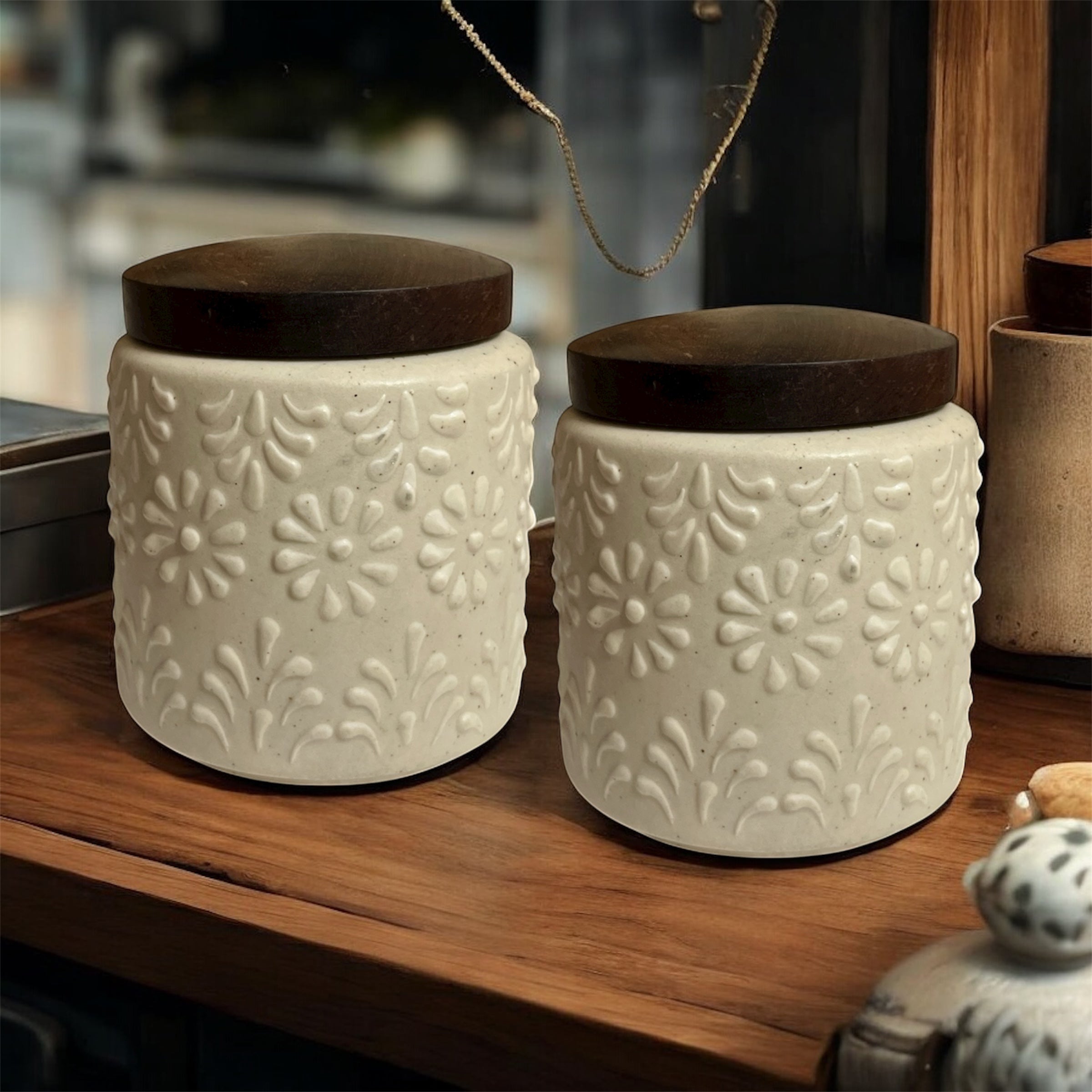 Ceramic Jars | Airtight Wooden Lid | 400ML | Set of 2 | Kitchen Storage