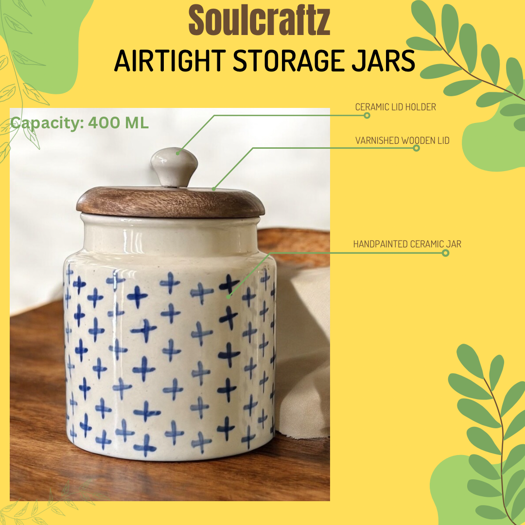 SOULCRAFTZ Handpainted Ceramic Jars with Airtight Wooden Lid | Kitchen Storage | Multipurpose Barni | Pickle jar Storage Container | Dining Table Container | 450ML | Set of 2