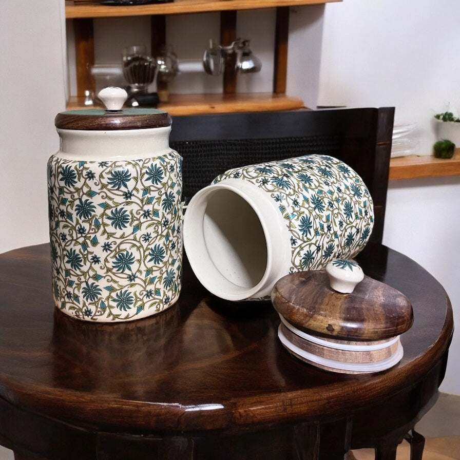 SOULCRAFTZ Handcrafted Ceramic Jars with Airtight Wooden Lid | Kitchen Storage | Multipurpose Barni | Pickle jar Storage Container | Dining Table Container | 900ML | Matte Finish | Floral Pattern| Set of 2
