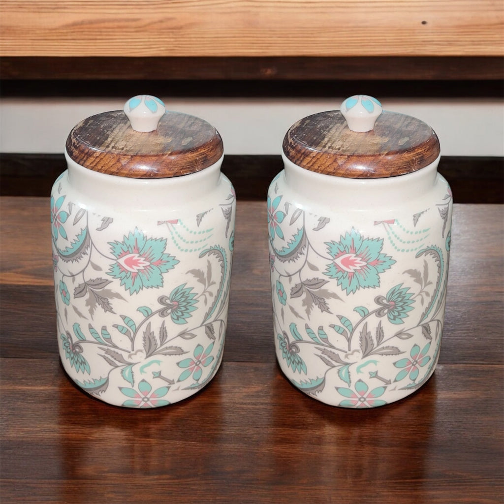 SOULCRAFTZ Handcrafted Ceramic Jars with Airtight Wooden Lid | Kitchen Storage | Multipurpose Barni | Pickle jar Storage Container | Dining Table Container | 900ML | Matte Finish | Floral Pattern| Set of 2