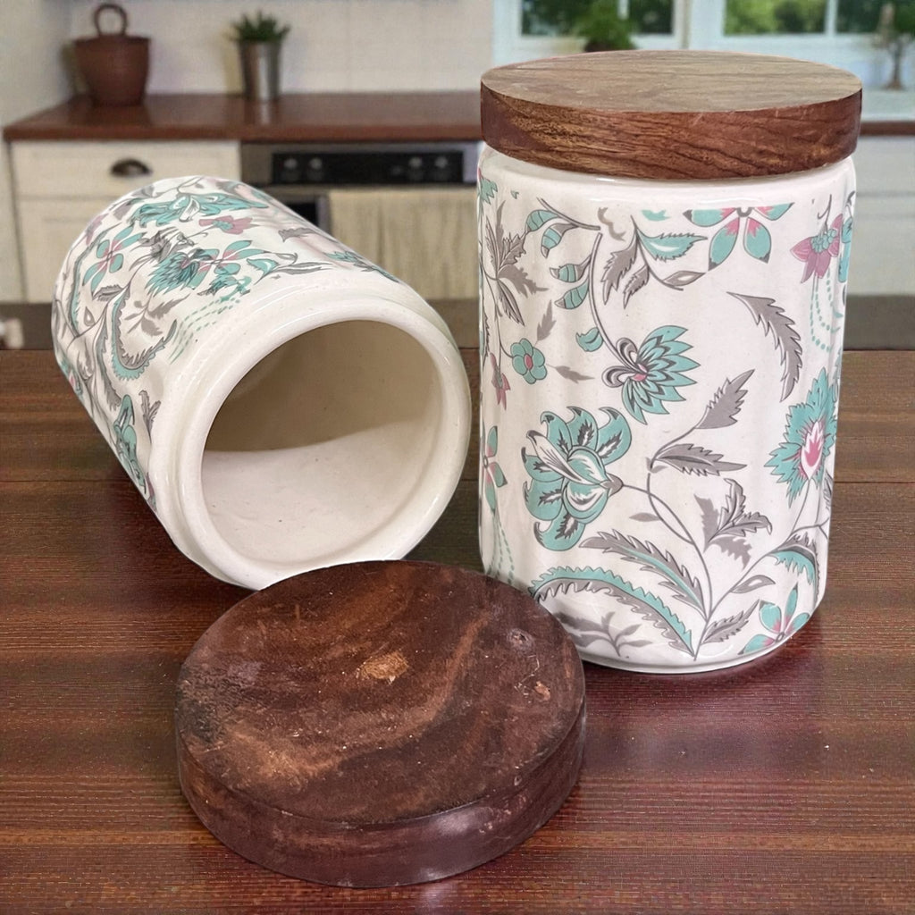 Ceramic Jars | Airtight Wooden Lid | 720ML | Set of 2 | Floral Print | Kitchen Storage
