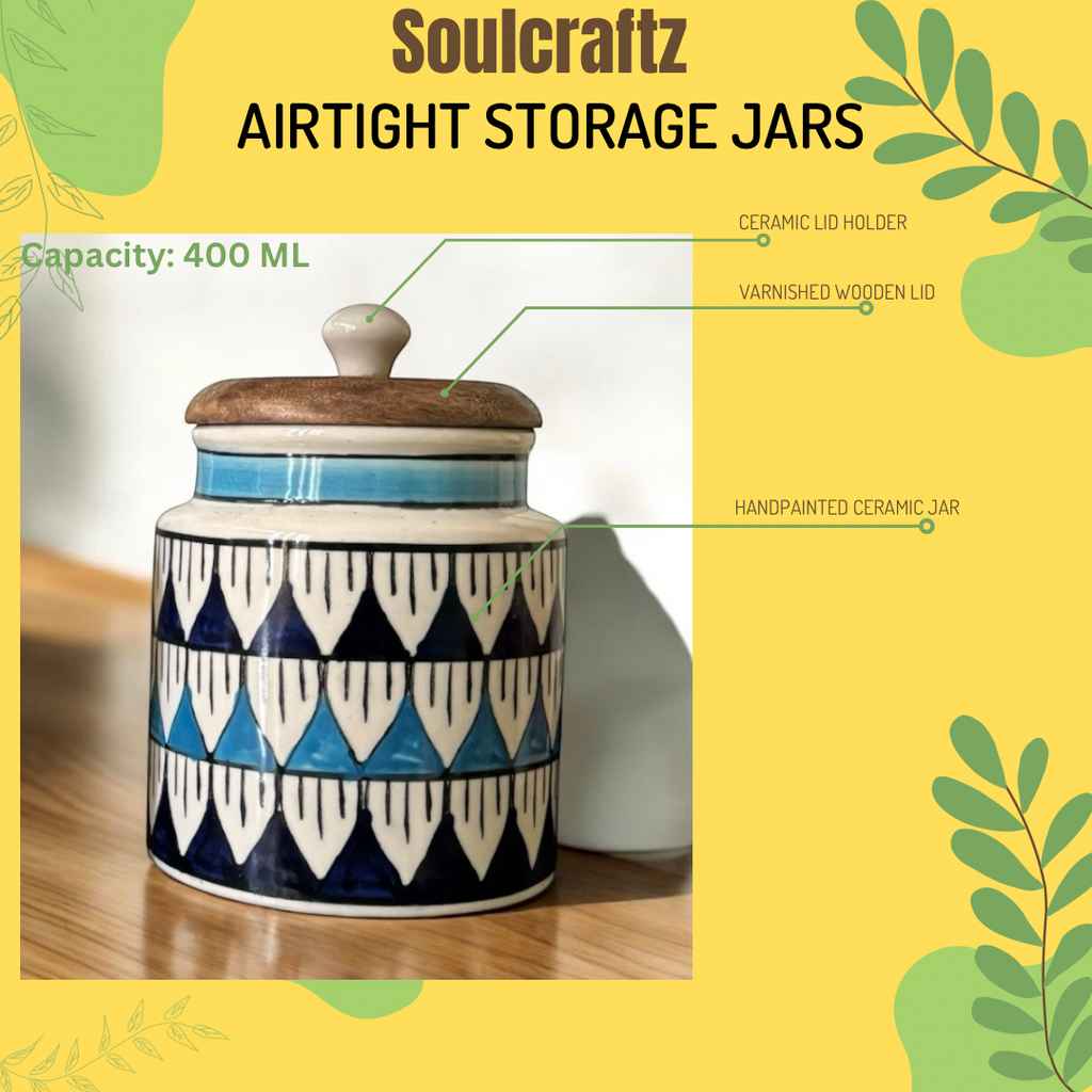 SOULCRAFTZ Handpainted Ceramic Jars with Airtight Wooden Lid | Kitchen Storage | Multipurpose Barni | Pickle jar Storage Container | Dining Table Container | 450ML | Set of 2