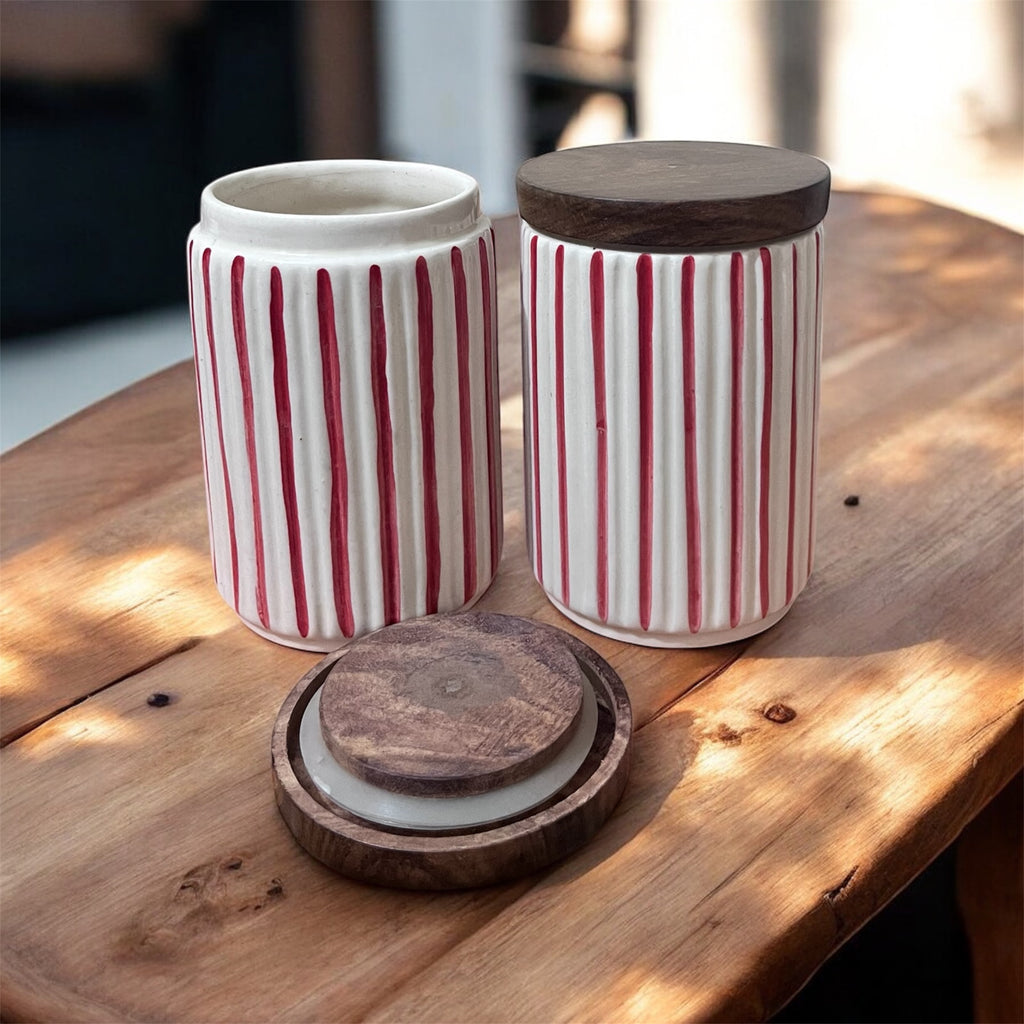 Ceramic Jars | Airtight Wooden Lid | 720ML | Set of 2 | Line Print | Kitchen Storage