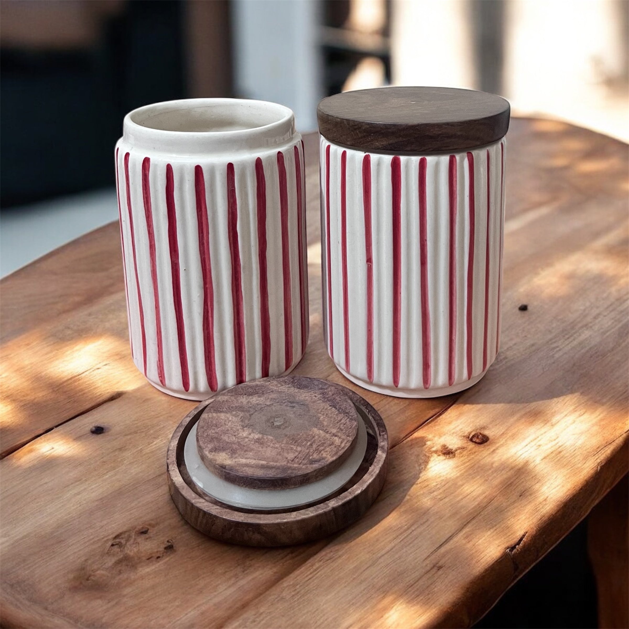 Ceramic Jars | Airtight Wooden Lid | 720ML | Set of 2 | Line Print | Kitchen Storage