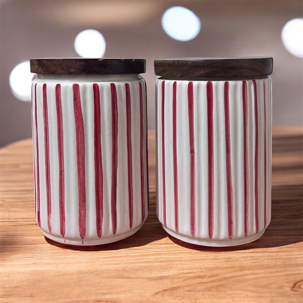 Ceramic Jars | Airtight Wooden Lid | 720ML | Set of 2 | Line Print | Kitchen Storage
