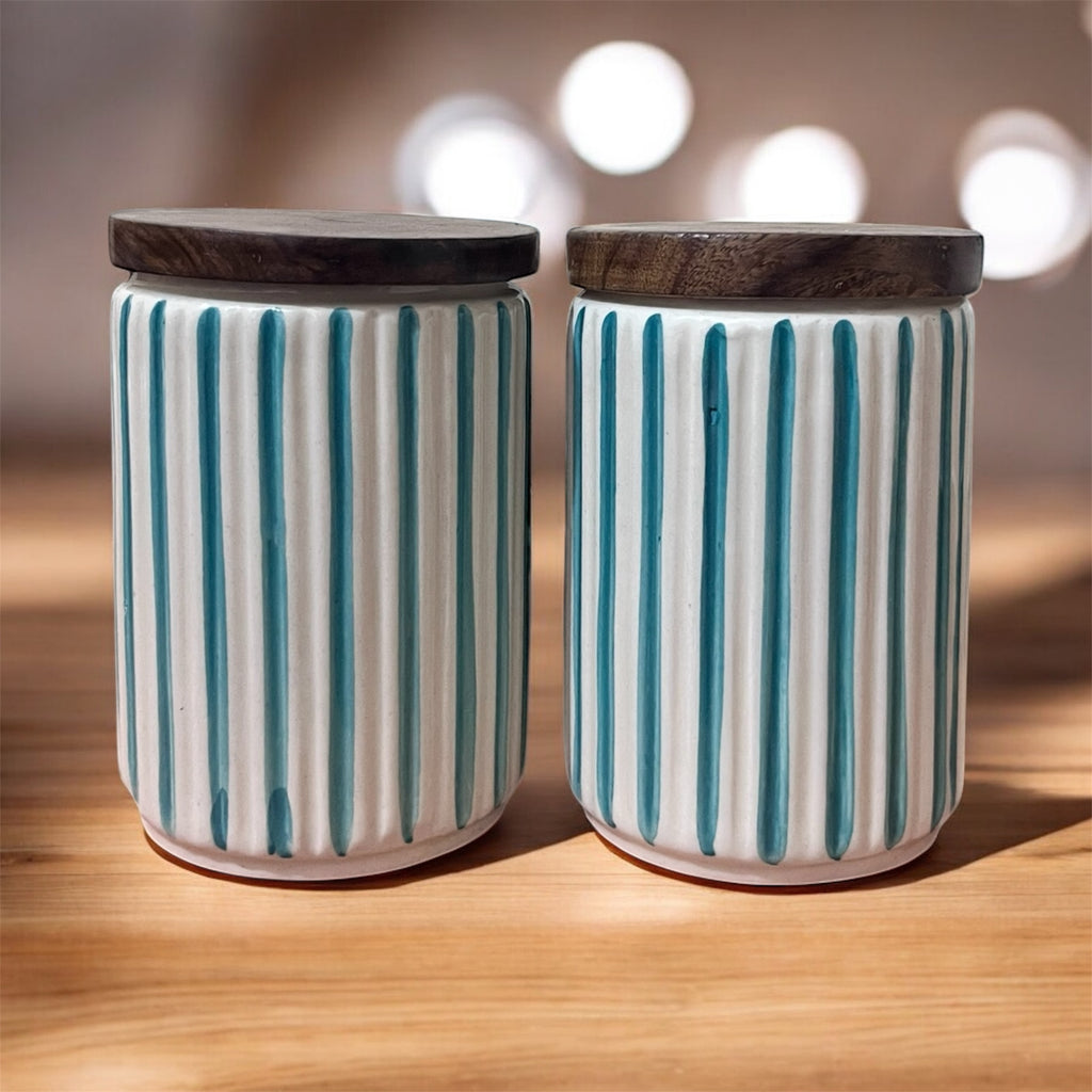 Ceramic Jars | Airtight Wooden Lid | 720ML | Set of 2 | Line Print | Kitchen Storage
