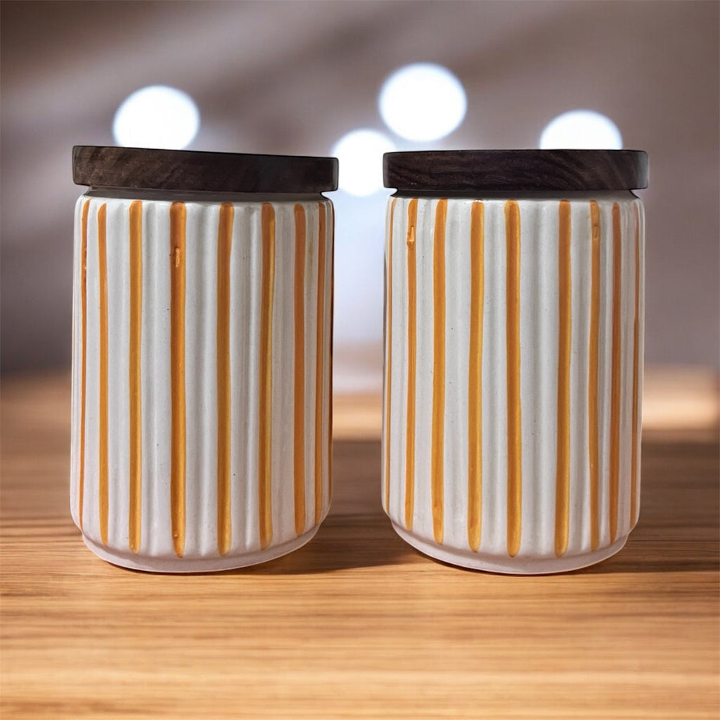 Ceramic Jars | Airtight Wooden Lid | 720ML | Set of 2 | Line Print | Kitchen Storage