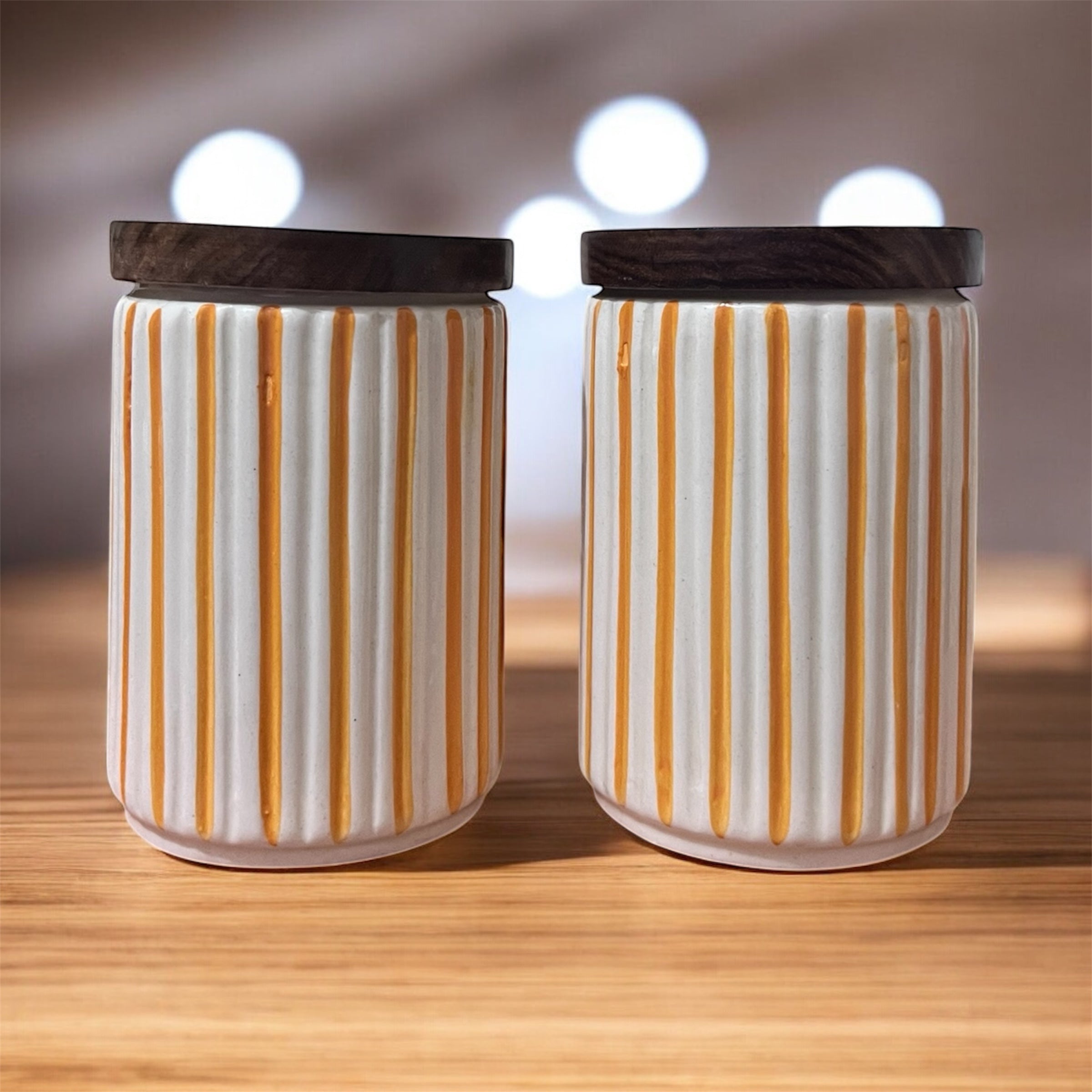 Ceramic Jars | Airtight Wooden Lid | 720ML | Set of 2 | Line Print | Kitchen Storage