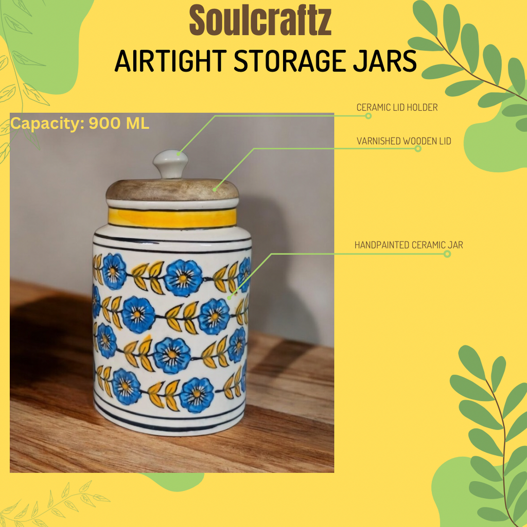 SOULCRAFTZ Handpainted Ceramic Jars with Airtight Wooden Lid | Kitchen Storage | Multipurpose Barni | Pickle jar Storage Container | Dining Table Container | 900ML | Set of 2