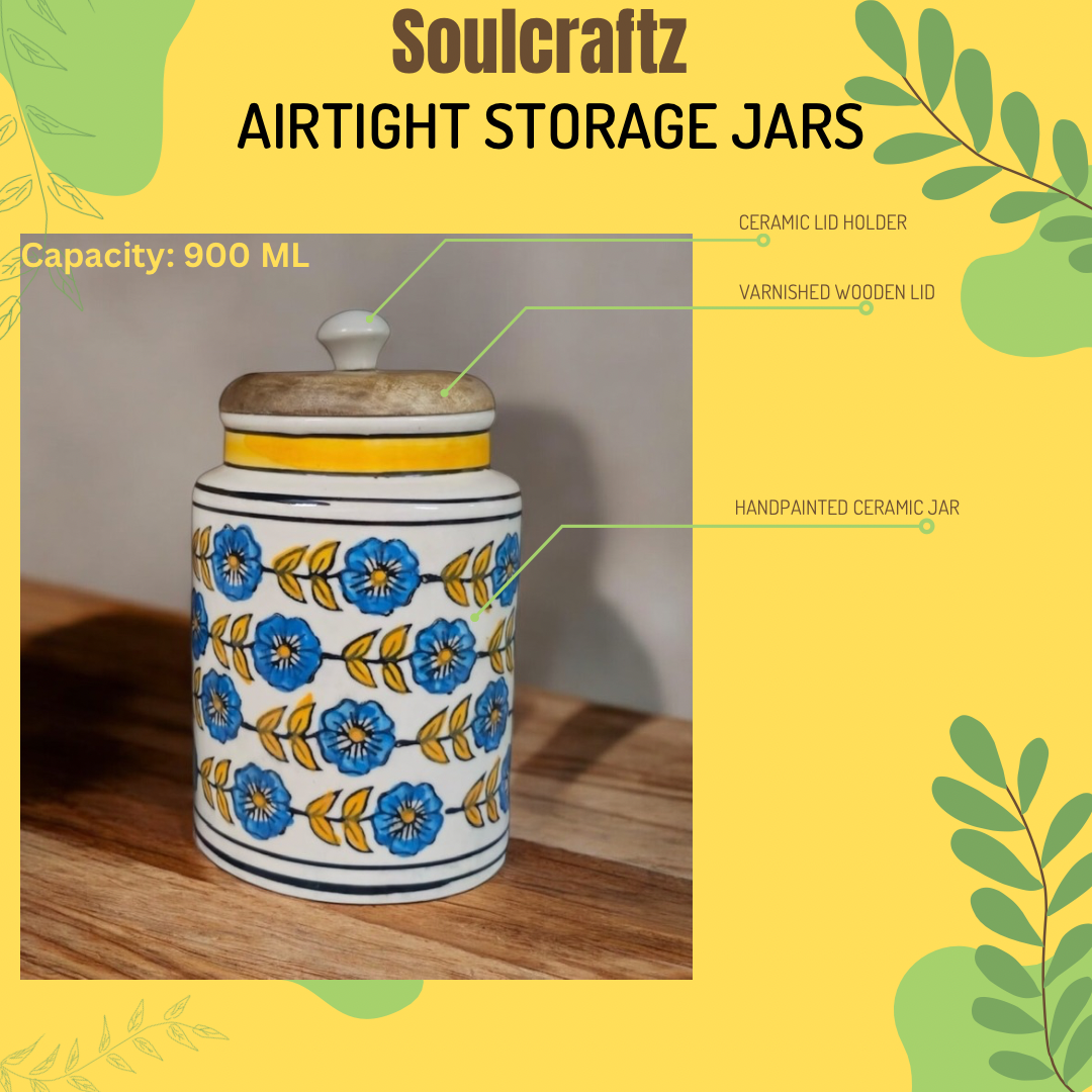 SOULCRAFTZ Handpainted Ceramic Jars with Airtight Wooden Lid | Kitchen Storage | Multipurpose Barni | Pickle jar Storage Container | Dining Table Container | 900ML | Set of 2