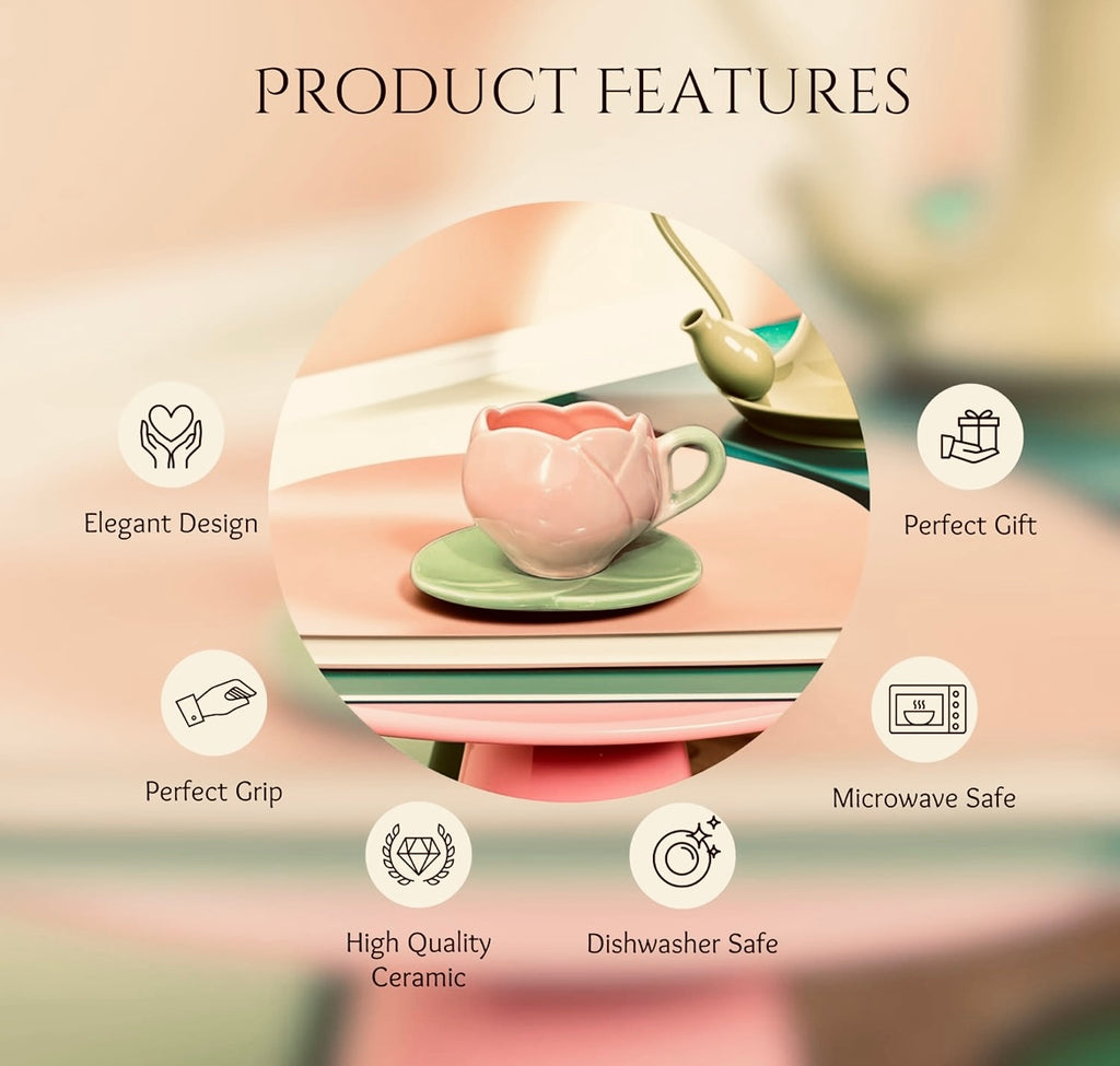 SOULCRAFTZ Ceramic Mug with Unique Lotus Design with Saucer Desert Plate – 350ml | Perfect for Coffee Tea Milk | Microwave and Dishwasher Safe | Ideal for Home, Office, Gifting, Diwali