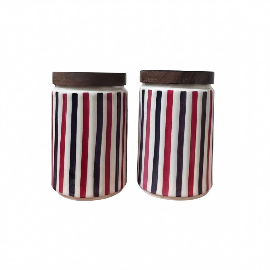 Ceramic Jars | Airtight Wooden Lid | 720ML | Set of 2 | Line Print | Kitchen Storage