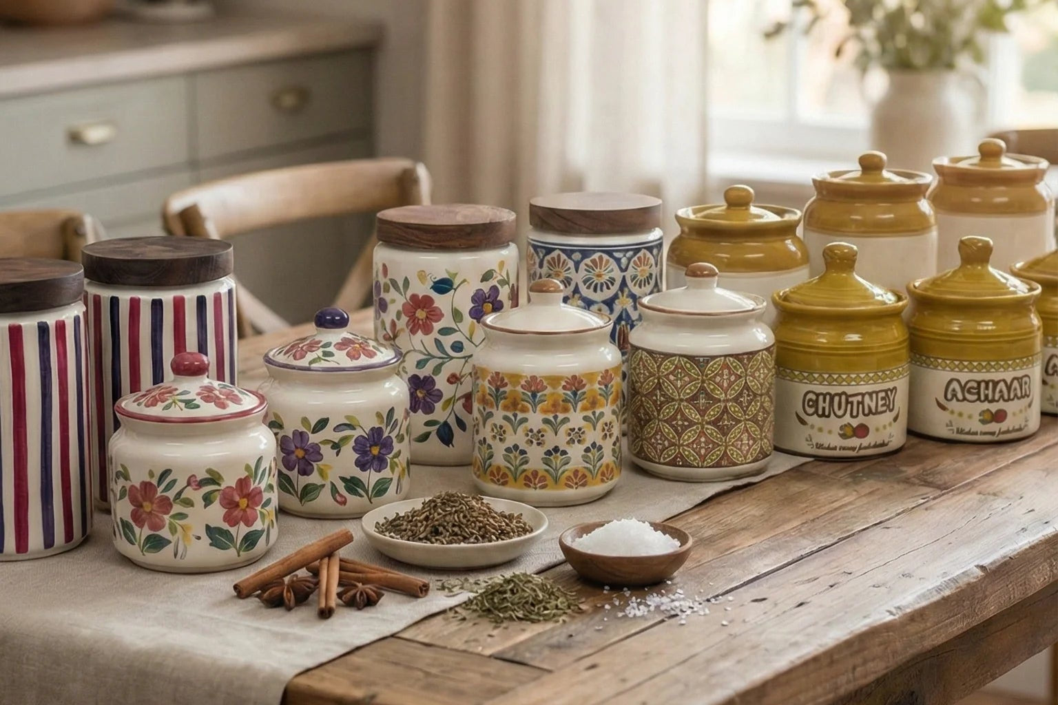 Wooden table with various ceramic jars and containers in a kitchen setting