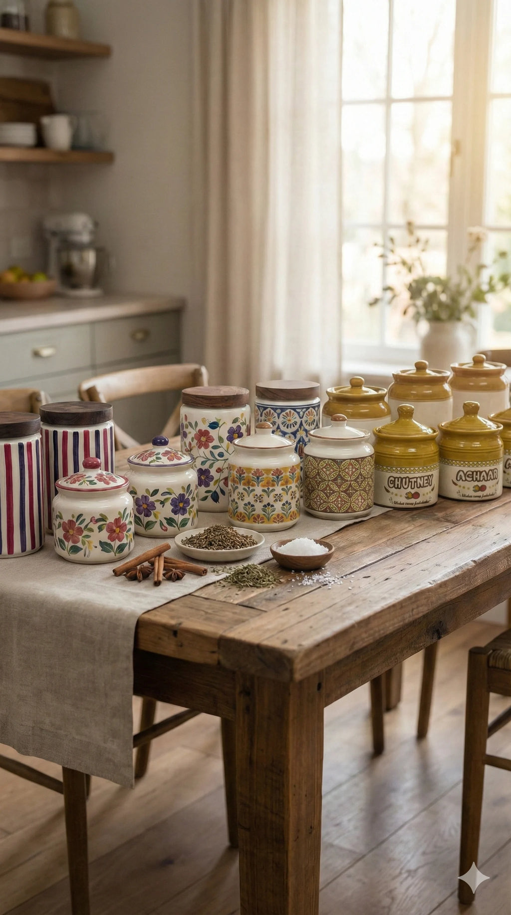 Ceramic Jars | Airtight Wooden Lid | 720ML | Set of 2 | Line Print | Kitchen Storage