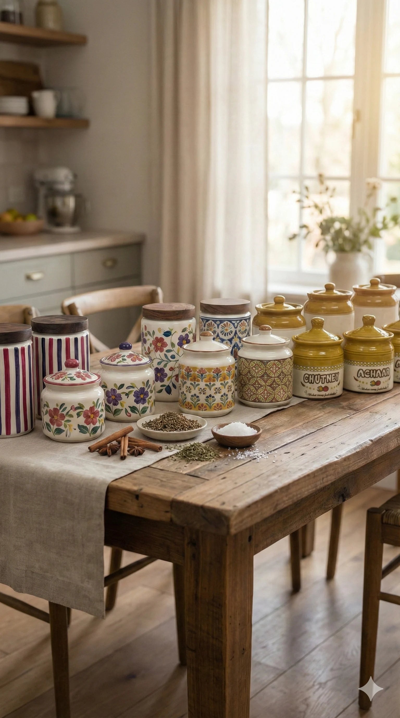 Ceramic Jars | Airtight Wooden Lid | 720ML | Set of 2 | Line Print | Kitchen Storage