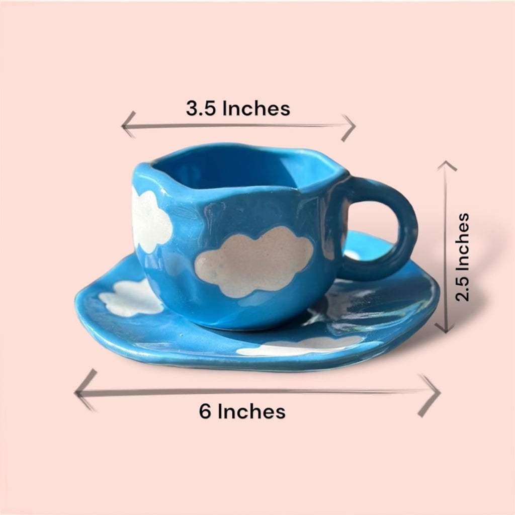 SOULCRAFTZ Handcrafted Ceramic Blue Cloud Mug with Desert Plate | Cloud Design | Perfect Addition to Any Coffee or Tea Lover's Collection | Microwave, Dishwasher and Food Safe | 250ml