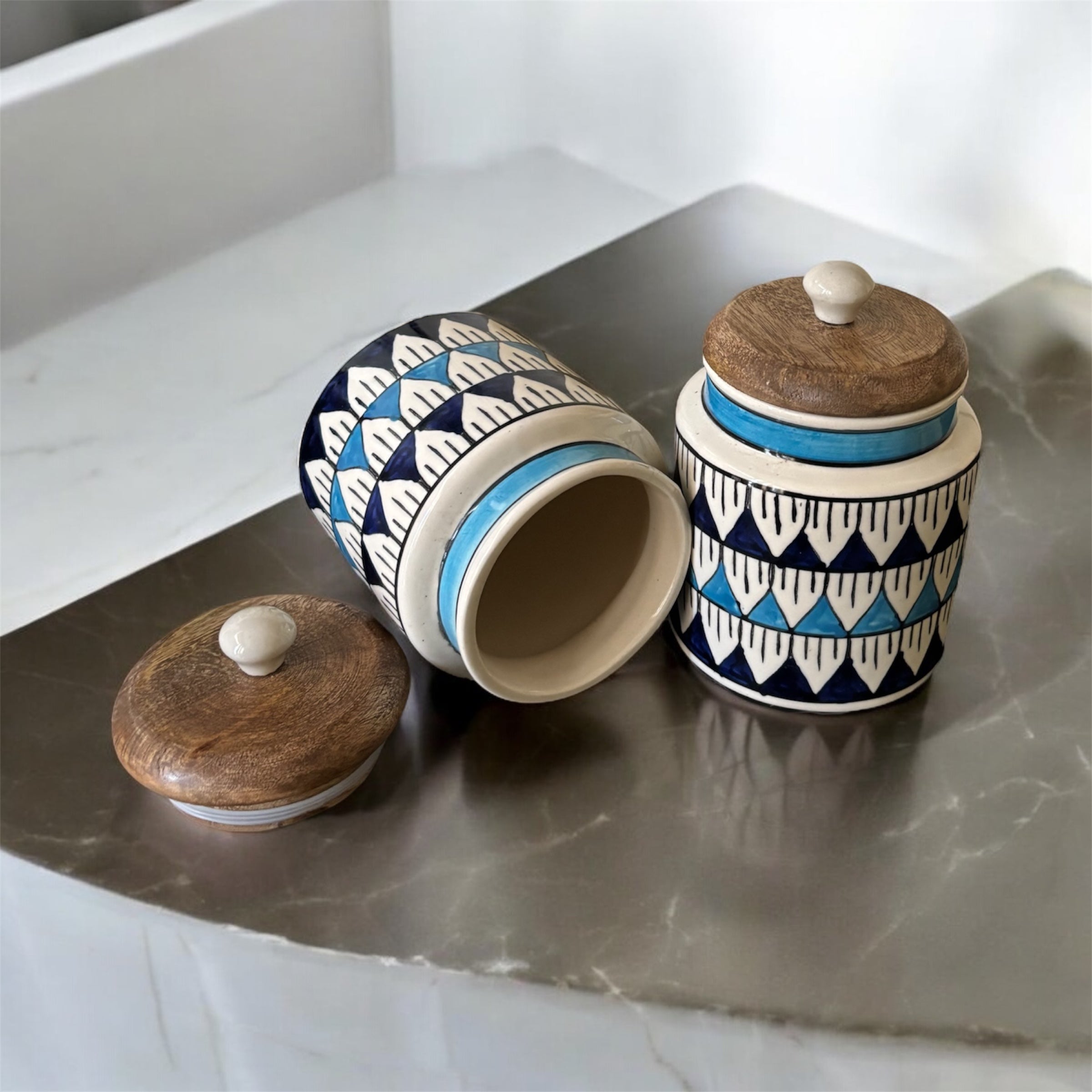 SOULCRAFTZ Handpainted Ceramic Jars with Airtight Wooden Lid | Kitchen Storage | Multipurpose Barni | Pickle jar Storage Container | Dining Table Container | 450ML | Set of 2