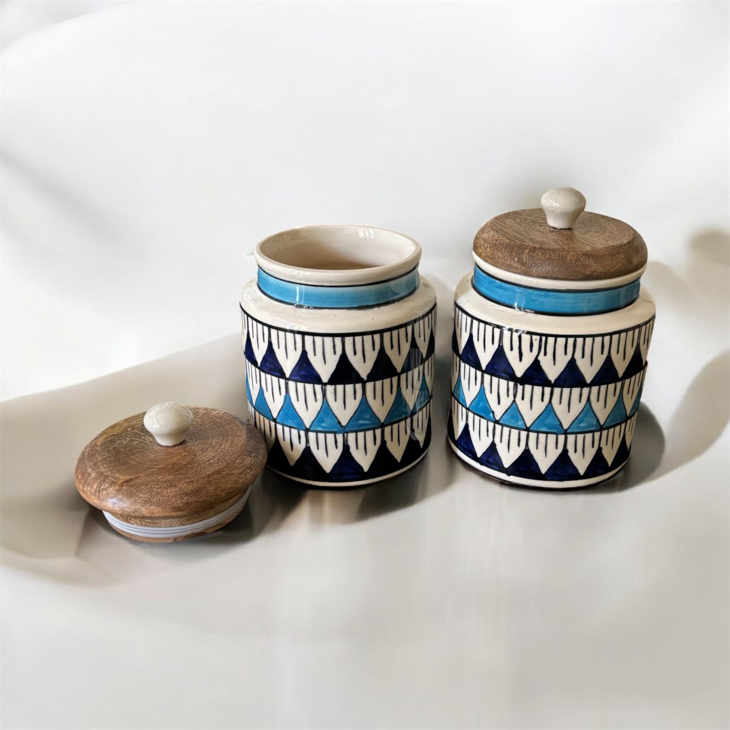SOULCRAFTZ Handpainted Ceramic Jars with Airtight Wooden Lid | Kitchen Storage | Multipurpose Barni | Pickle jar Storage Container | Dining Table Container | 450ML | Set of 2