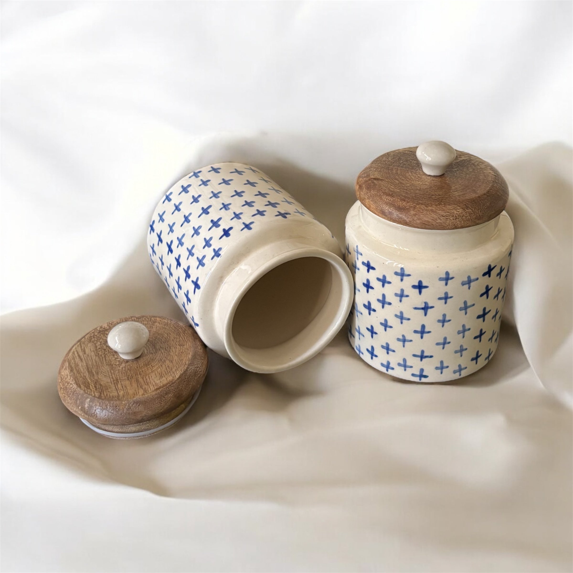SOULCRAFTZ Handpainted Ceramic Jars with Airtight Wooden Lid | Kitchen Storage | Multipurpose Barni | Pickle jar Storage Container | Dining Table Container | 450ML | Set of 2