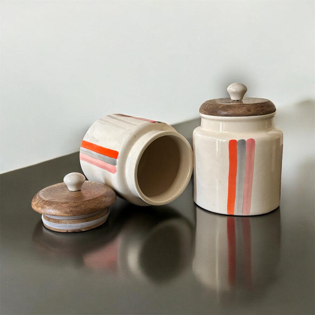 SOULCRAFTZ Handpainted Ceramic Jars with Airtight Wooden Lid | Kitchen Storage | Multipurpose Barni | Pickle jar Storage Container | Dining Table Container | 450ML | Set of 2