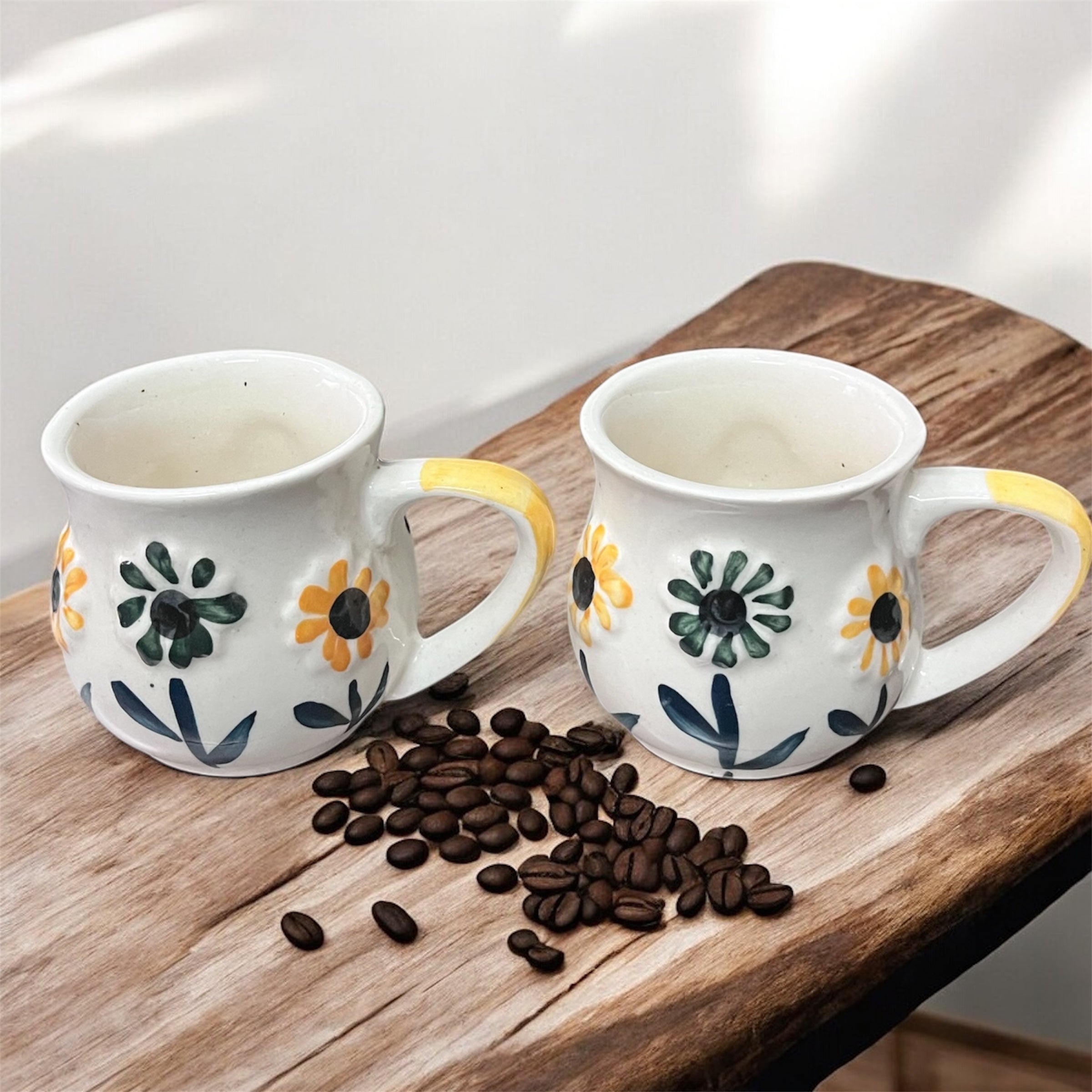 SOULCRAFTZ Ceramic 3D Floral Pattern Mug | Daisy Bloom Design | 250ml Microwave & Dishwasher Safe | Sun Flower | Set of 2