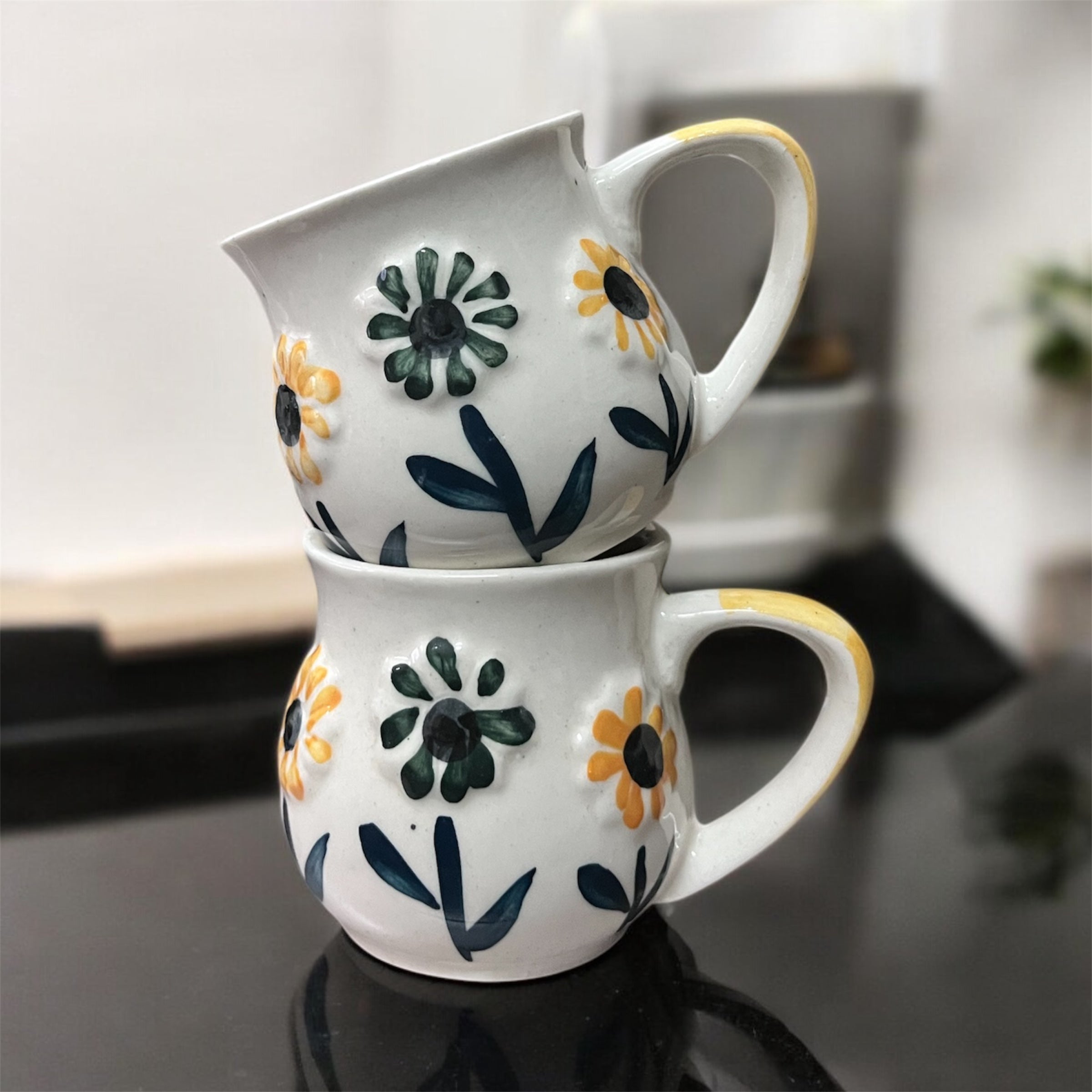 SOULCRAFTZ Ceramic 3D Floral Pattern Mug | Daisy Bloom Design | 250ml Microwave & Dishwasher Safe | Sun Flower | Set of 2