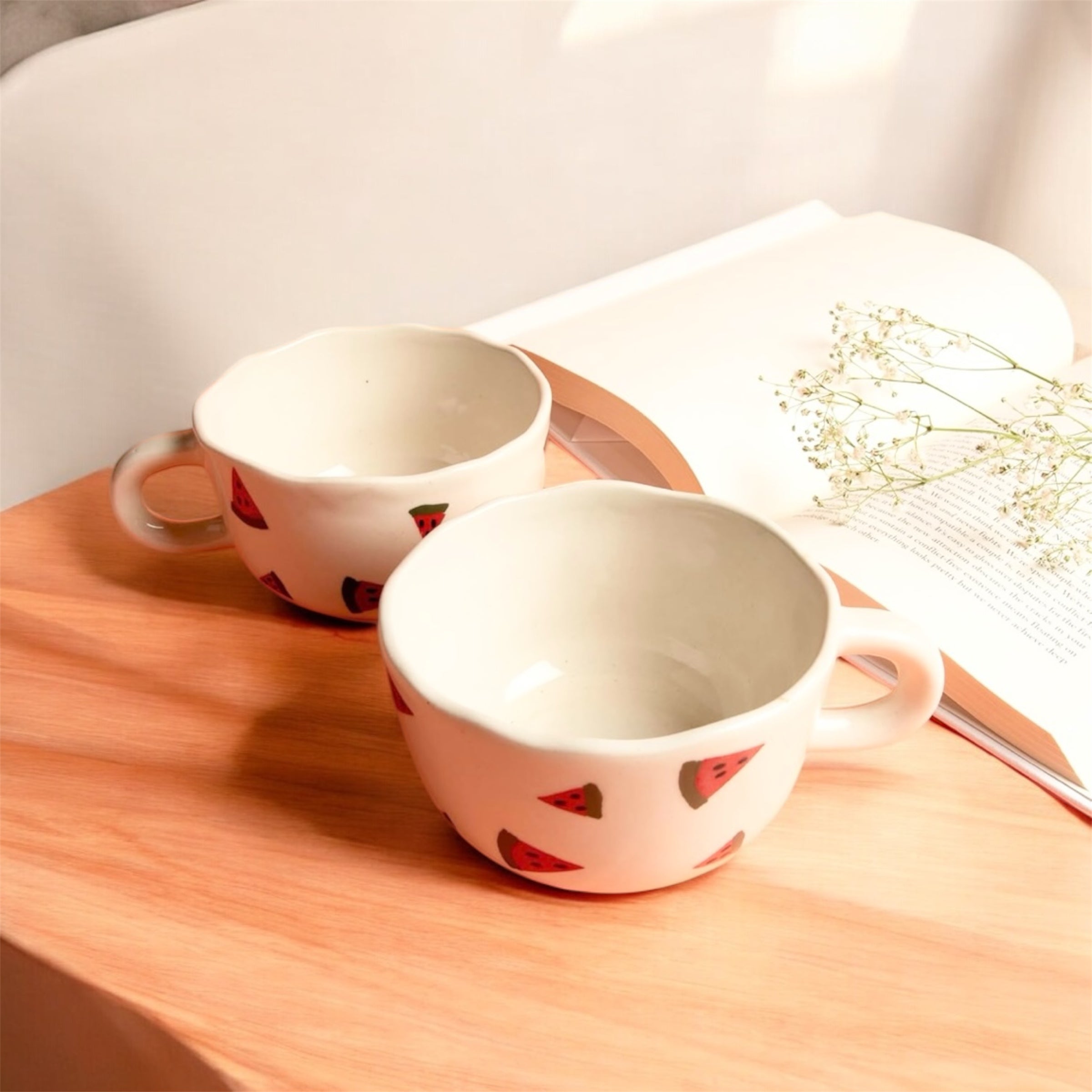 SOULCRAFTZ Wide Watermelon Mugs for Coffee/Tea/Milk/Green Tea/Cold Coffee | Microwave and Dishwasher Safe | Perfect GFT to Family/Friend | Set of 2