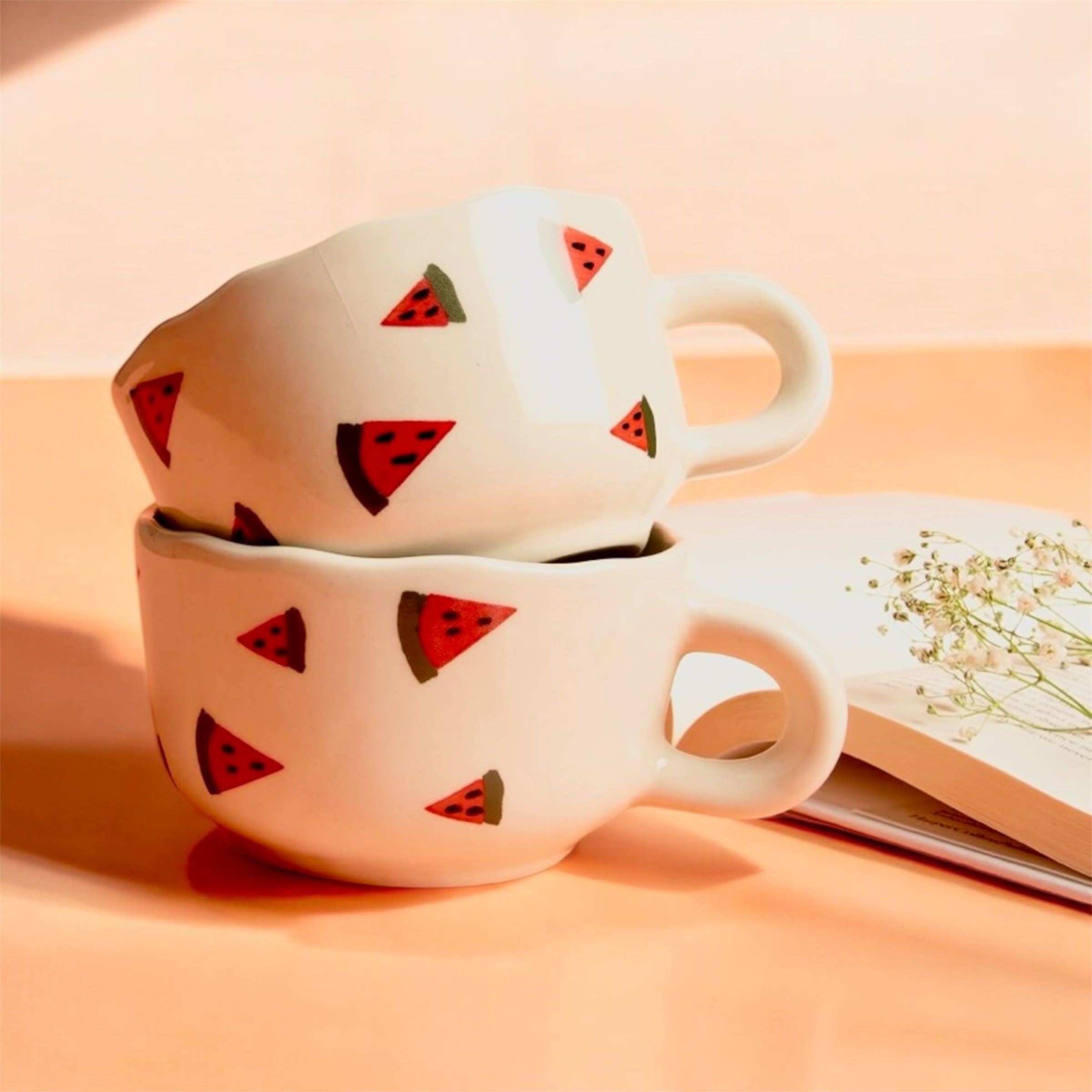 SOULCRAFTZ Wide Watermelon Mugs for Coffee/Tea/Milk/Green Tea/Cold Coffee | Microwave and Dishwasher Safe | Perfect GFT to Family/Friend | Set of 2