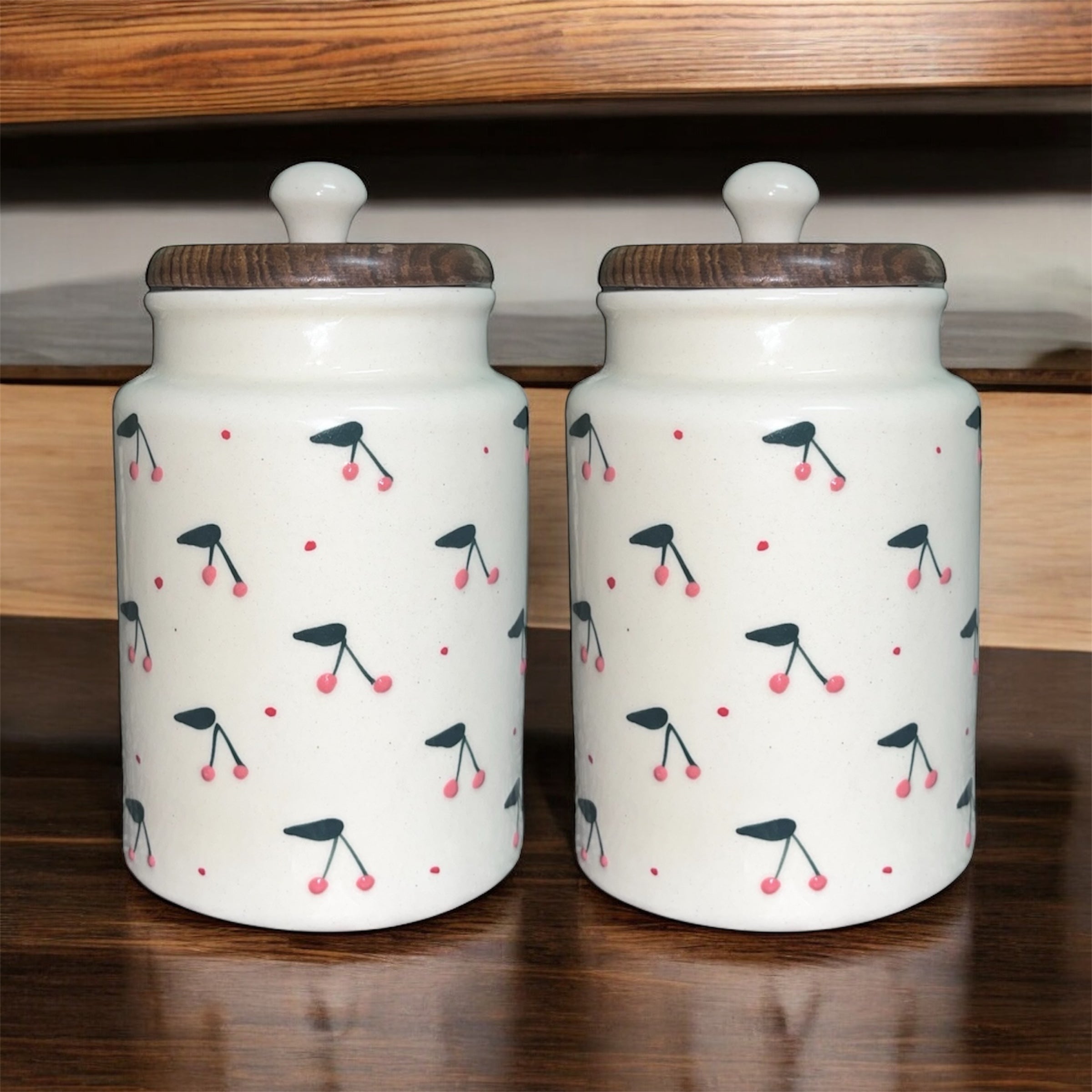 SOULCRAFTZ Handpainted Ceramic Jars with Airtight Wooden Lid | Kitchen Storage | Multipurpose Barni | Pickle jar Storage Container | Dining Table Container | 900ML | Set of 2